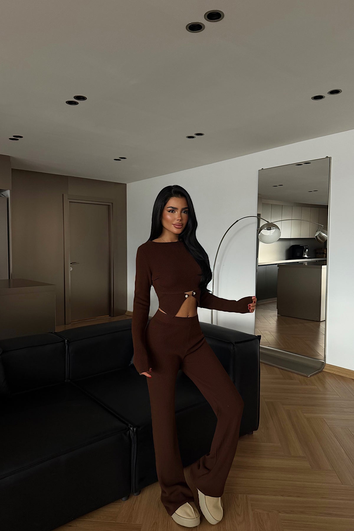 Brown Button Detail Knit Set