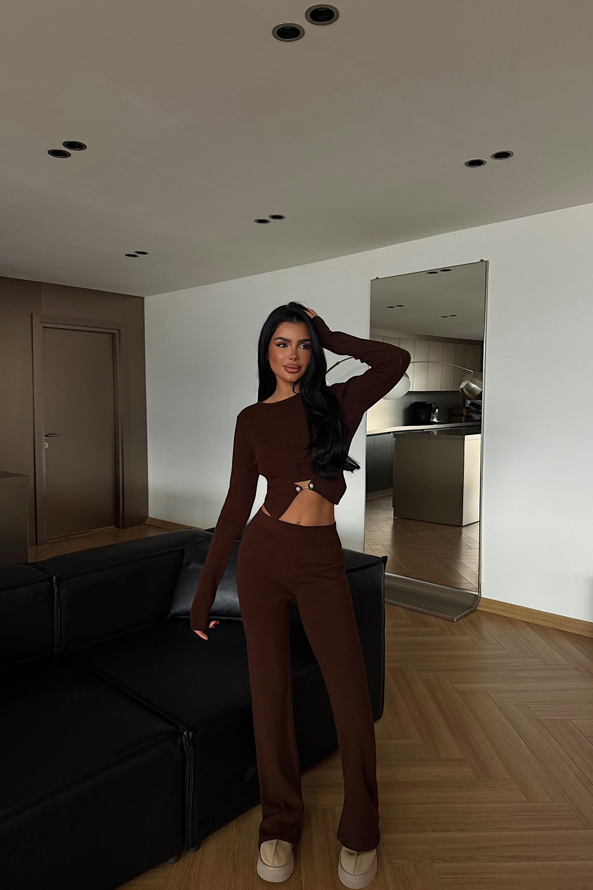 Brown Button Detail Knit Set