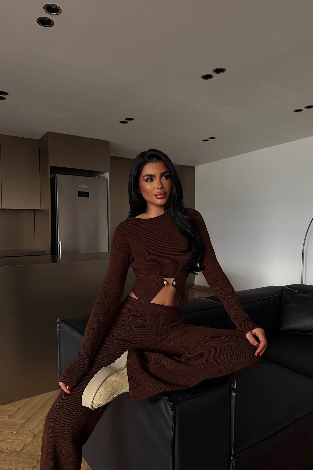 Brown Button Detail Knit Set