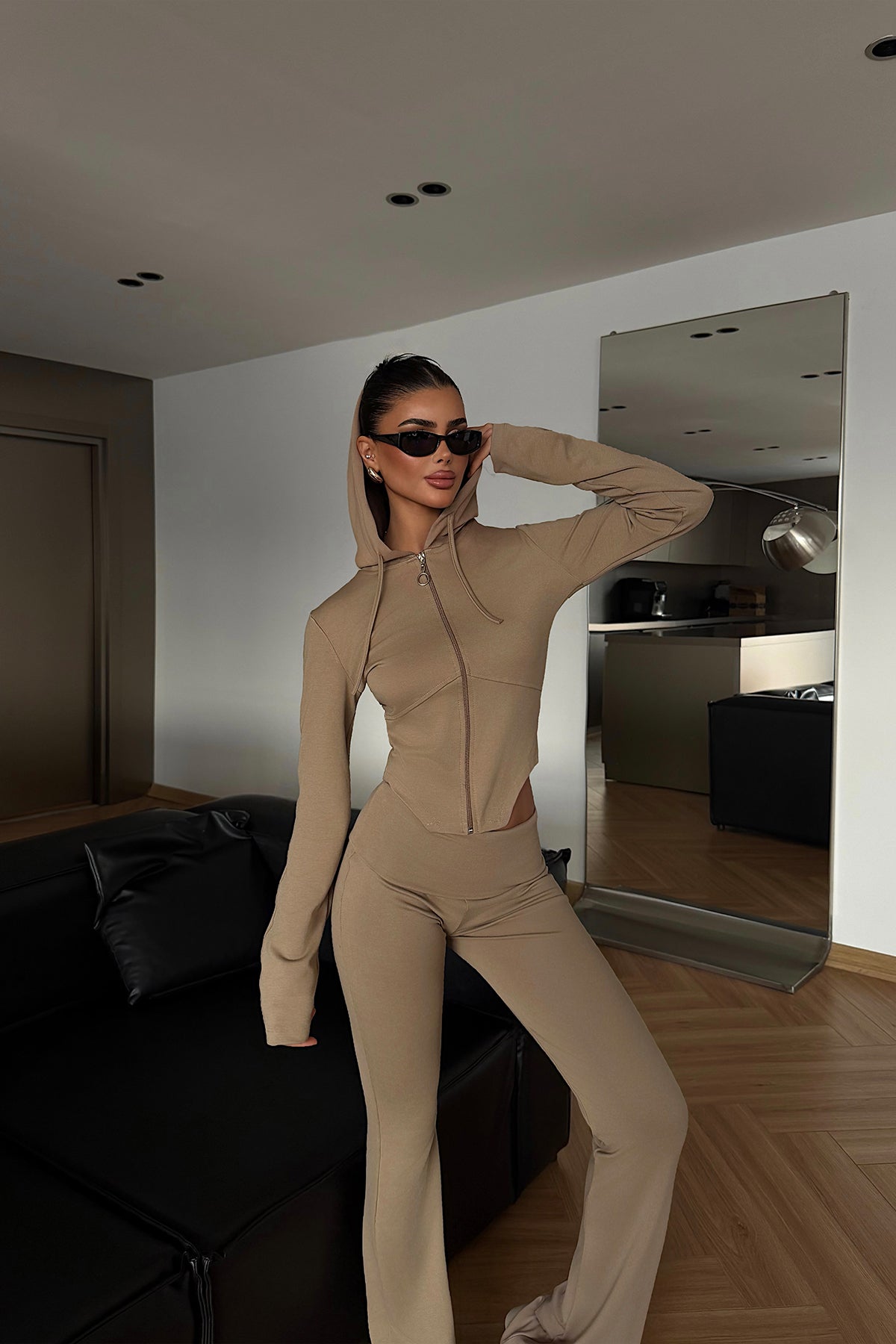 Beige Zipper Detail Suit