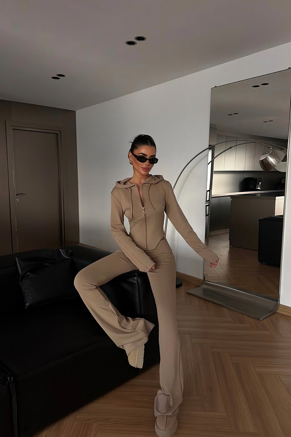 Beige Zipper Detail Suit