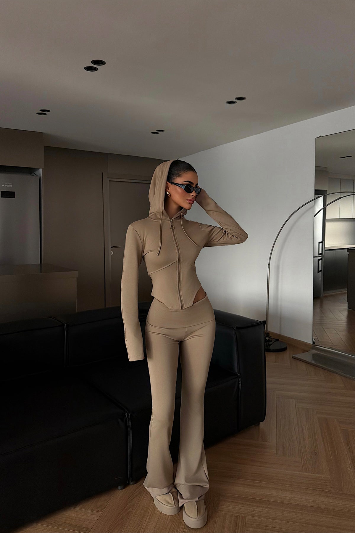 Beige Zipper Detail Suit