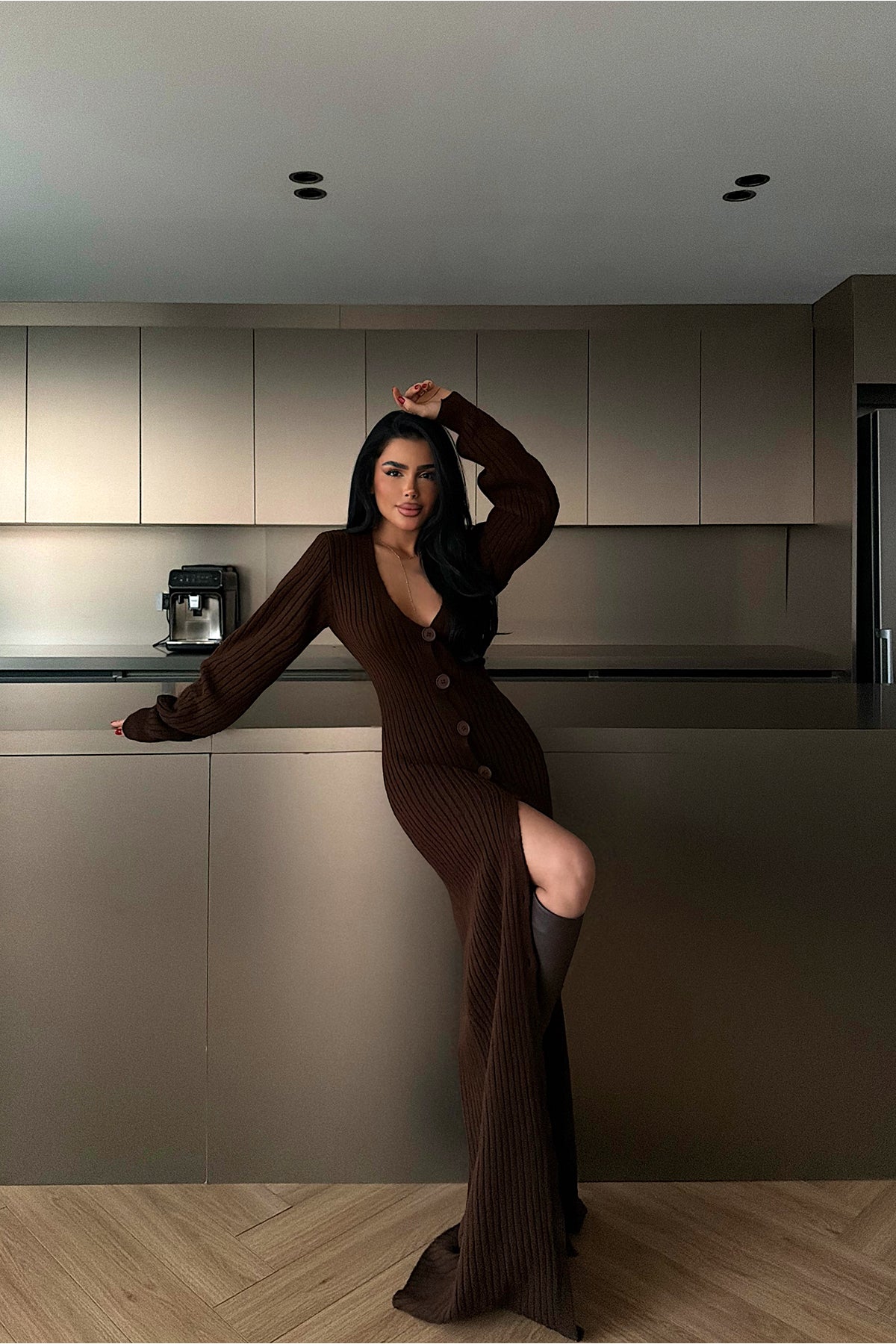 Dark Coffee Button Detail Dress