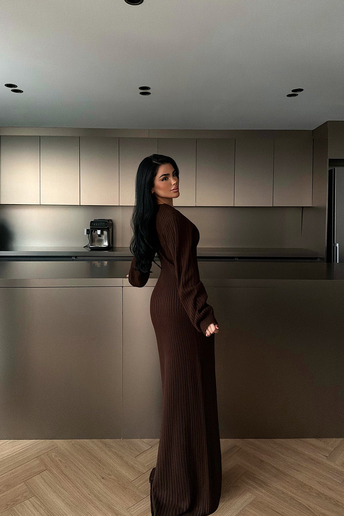Dark Coffee Button Detail Dress
