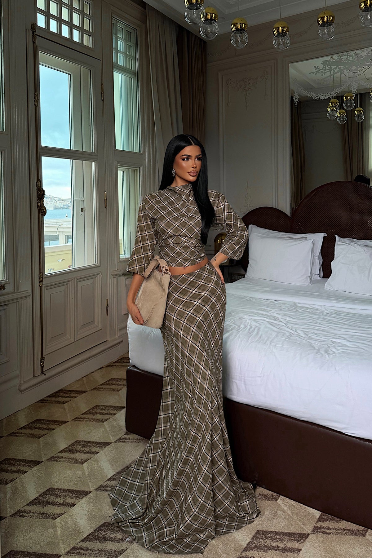 Khaki Gingham Skirt Set