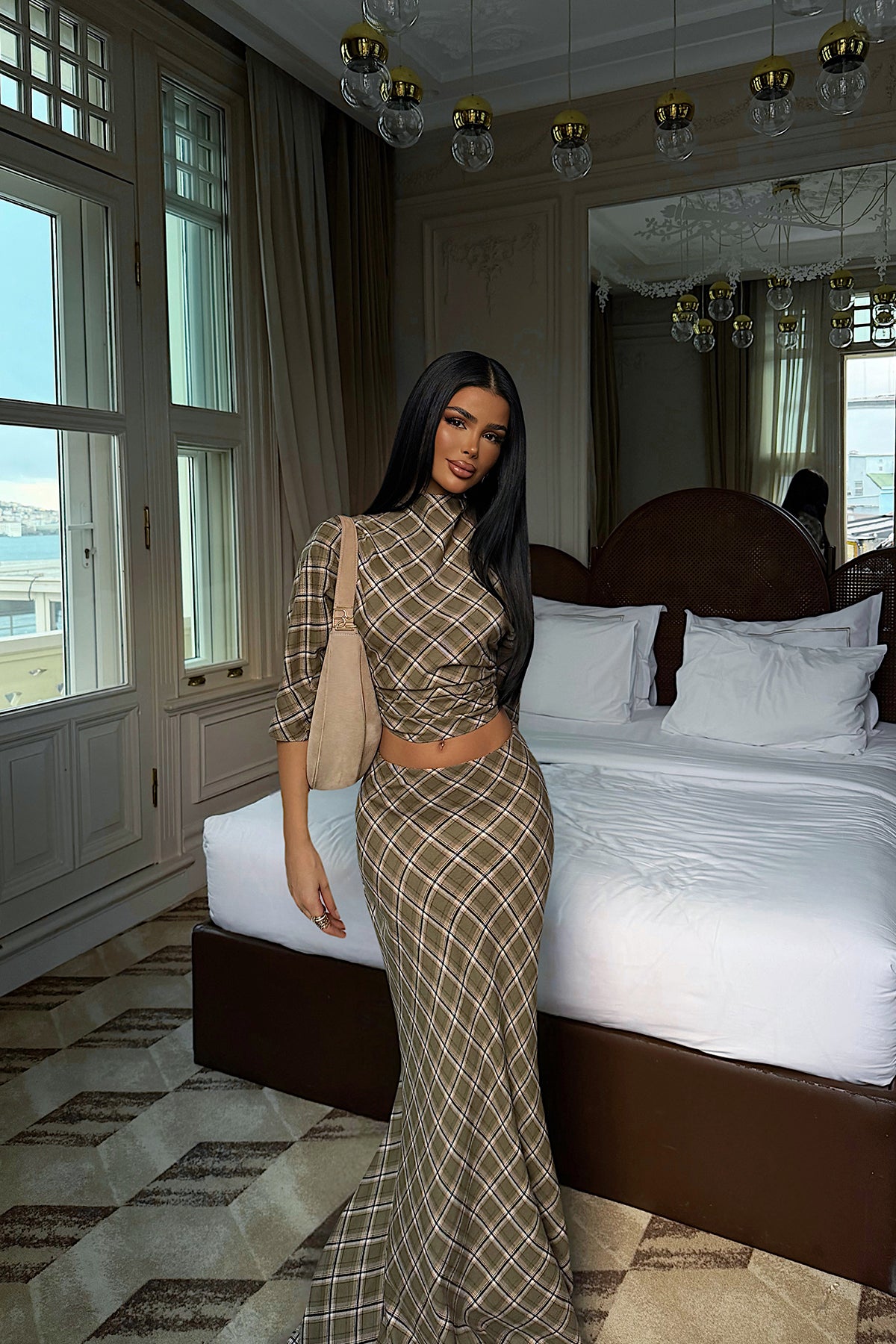 Khaki Gingham Skirt Set