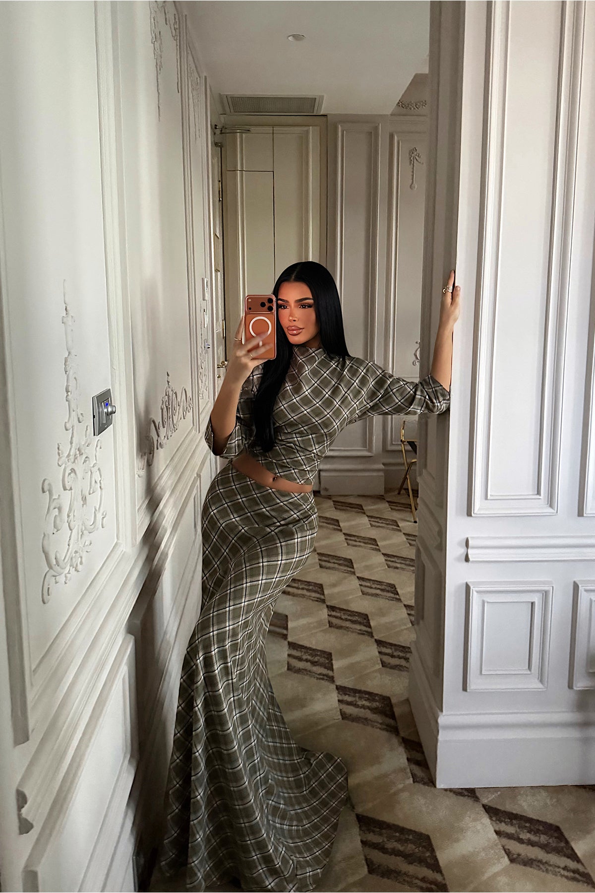 Khaki Gingham Skirt Set