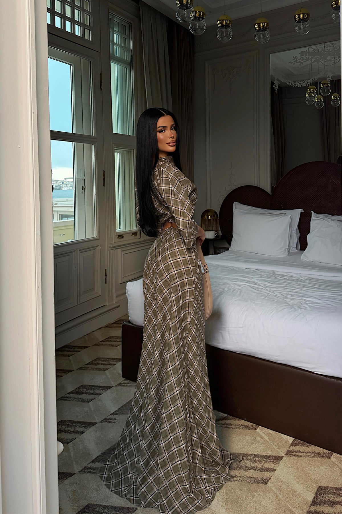 Khaki Gingham Skirt Set