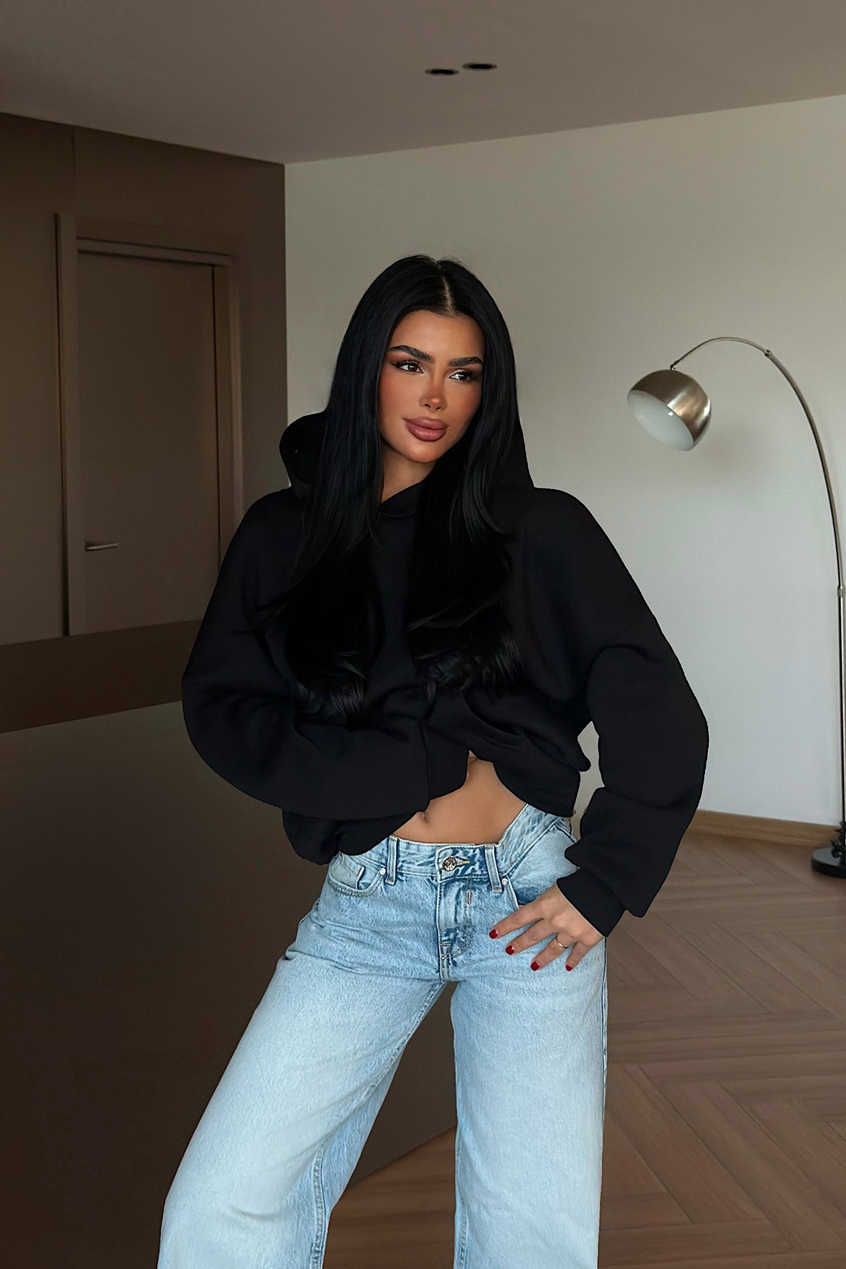 Black Hooded Sweatshirt with Stone Detail on the Back