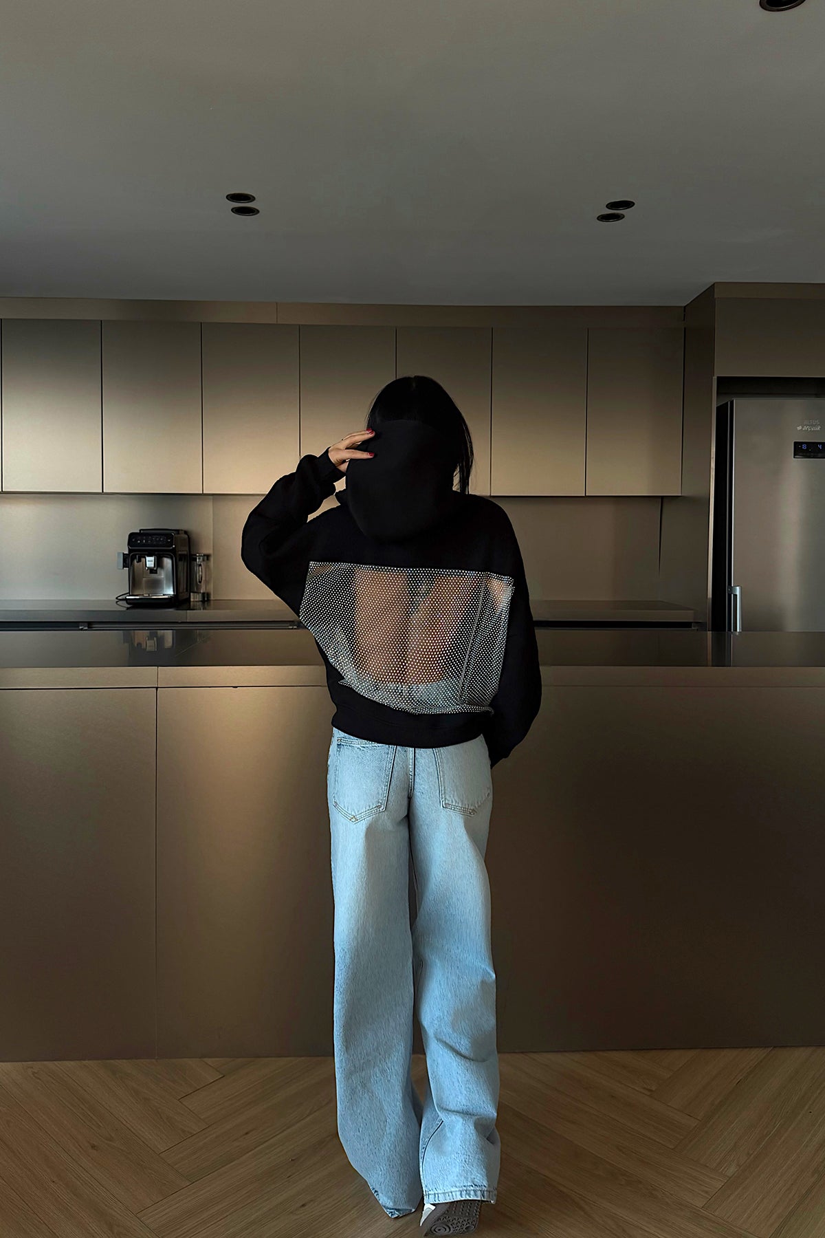Black Hooded Sweatshirt with Stone Detail on the Back