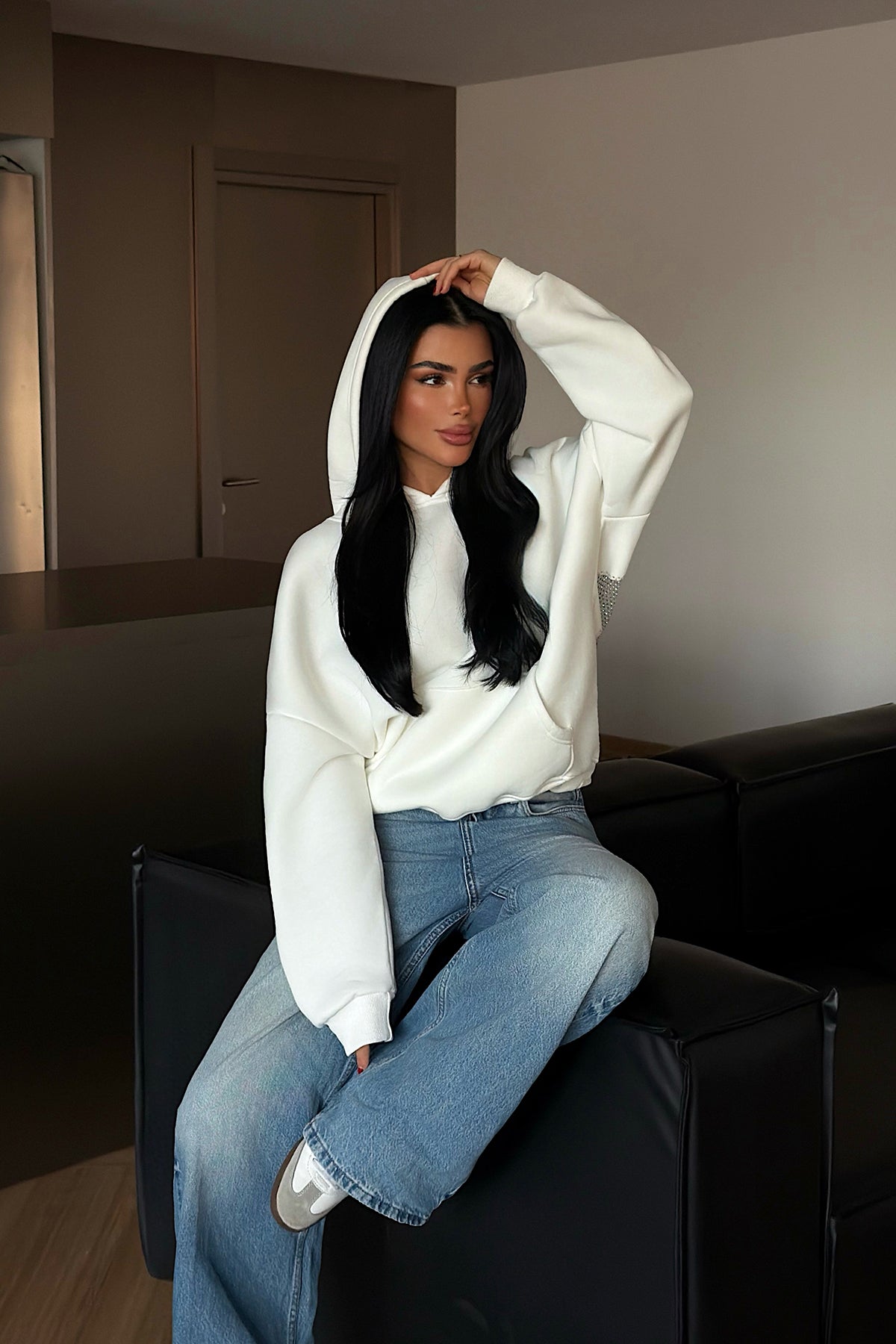 White Hooded Sweatshirt with Stone Detail on the Back
