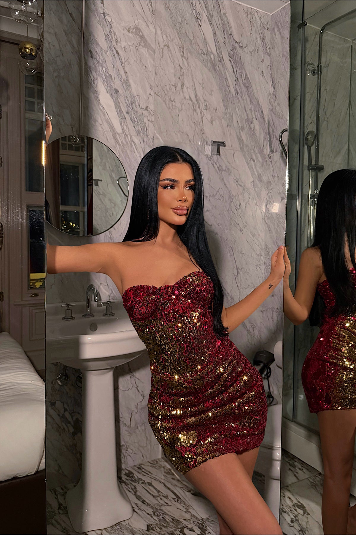 Red Sequin Detail Mini Dress