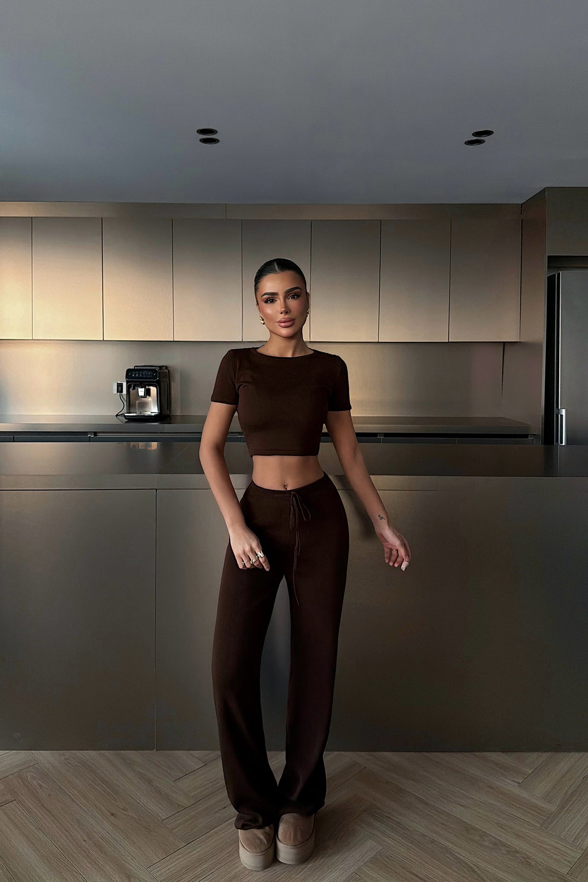 Dark Brown Crop Pants Set