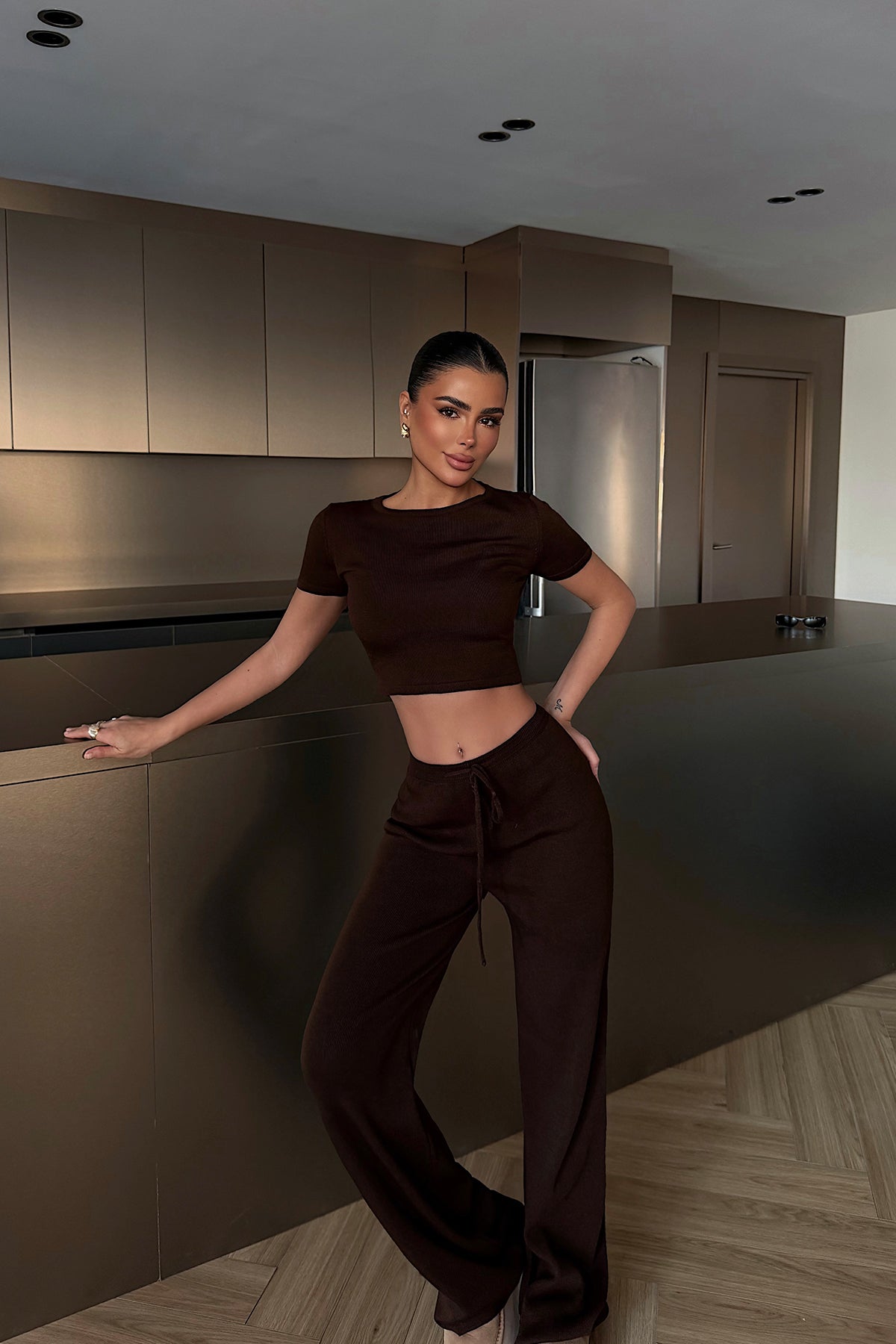 Dark Brown Crop Pants Set