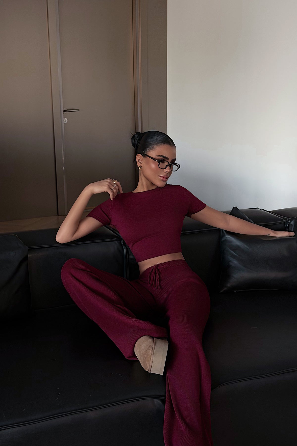 Burgundy Crop Pants Suit