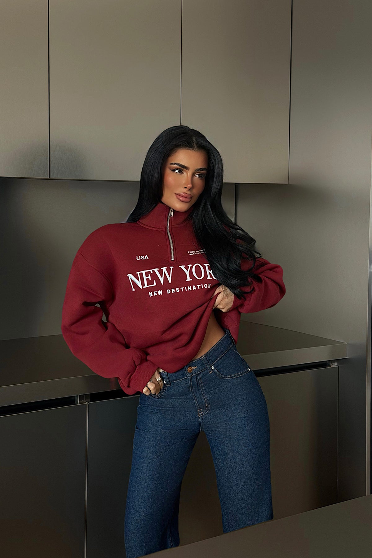 Burgundy New York Print Zipper Detail Sweatshirt