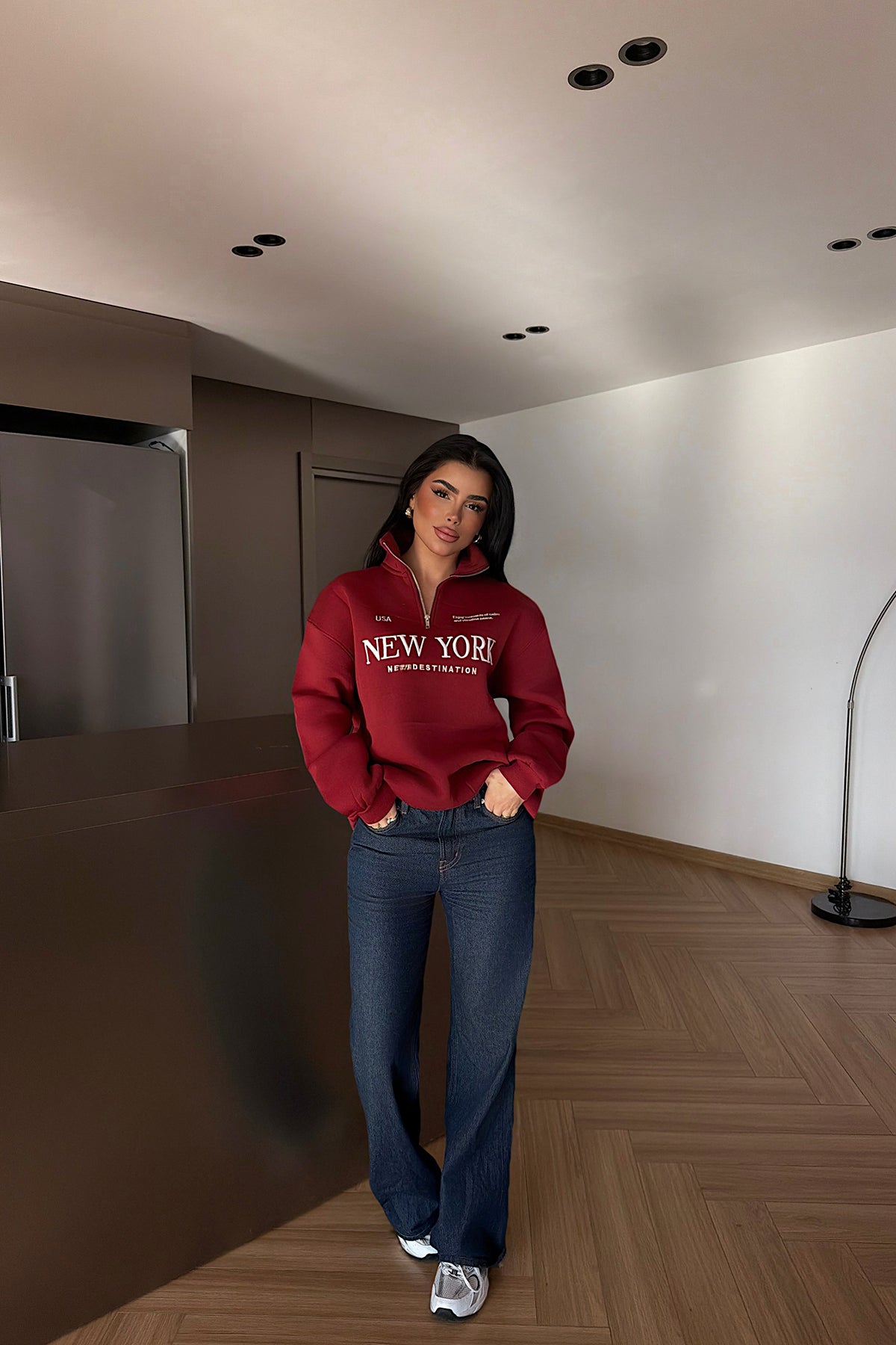 Burgundy New York Print Zipper Detail Sweatshirt