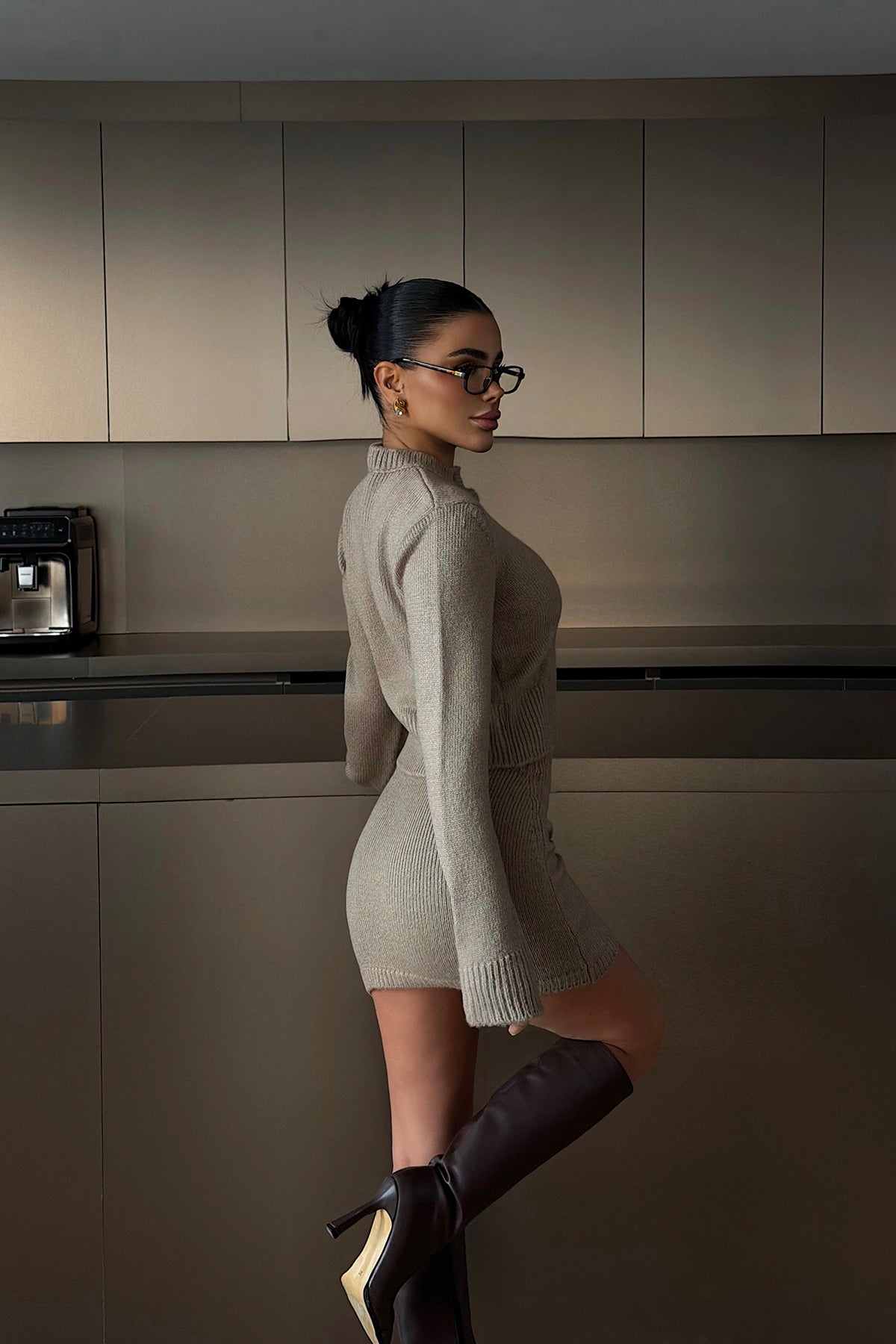 Beige Knitted Skirt Set