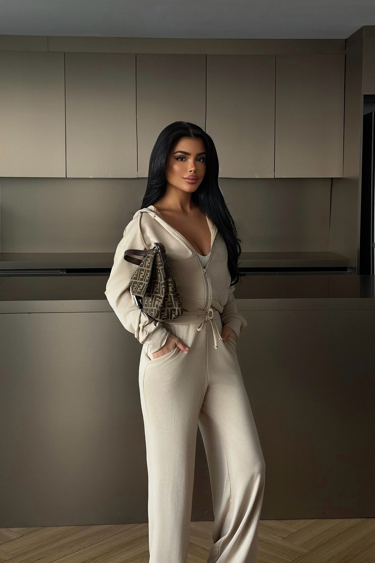 Cream Zip-Up Tracksuit Set