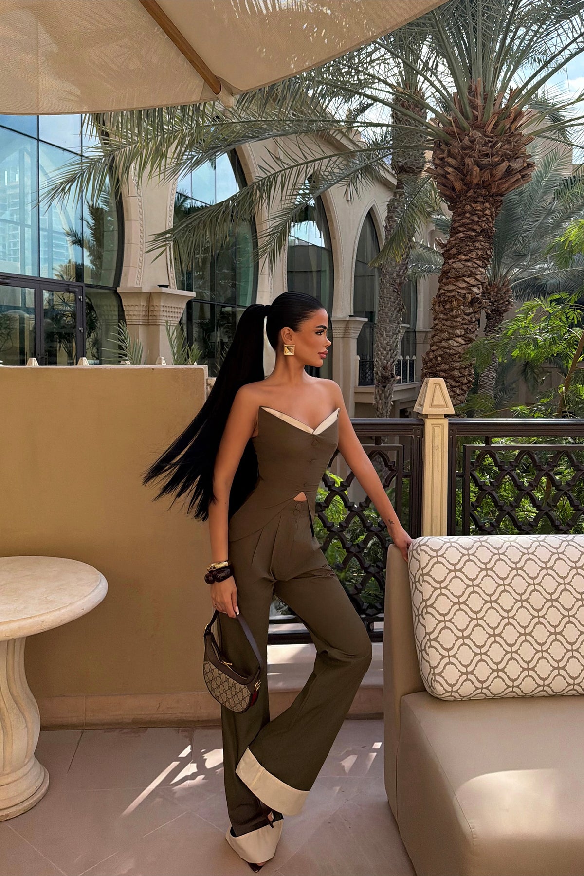 Khaki Crop Pants Suit
