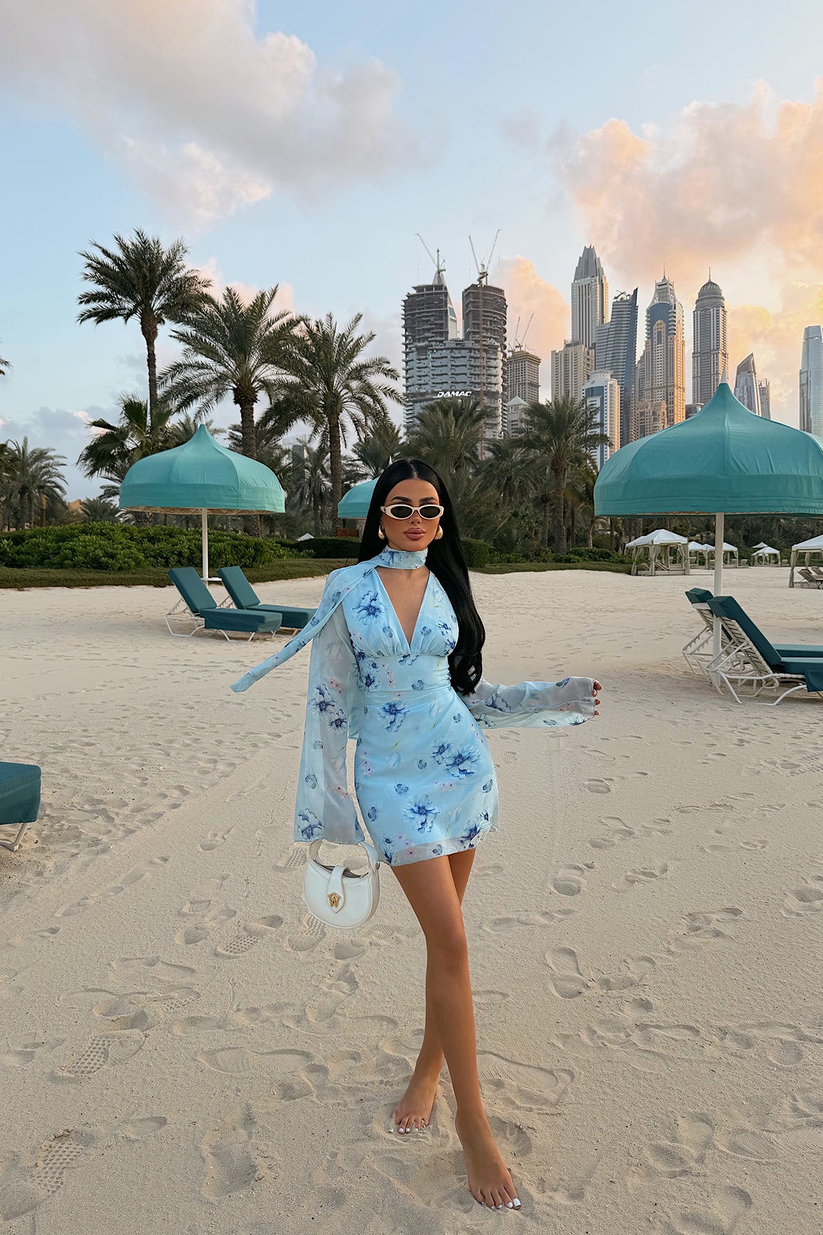 Blue Floral Pattern Mini Dress