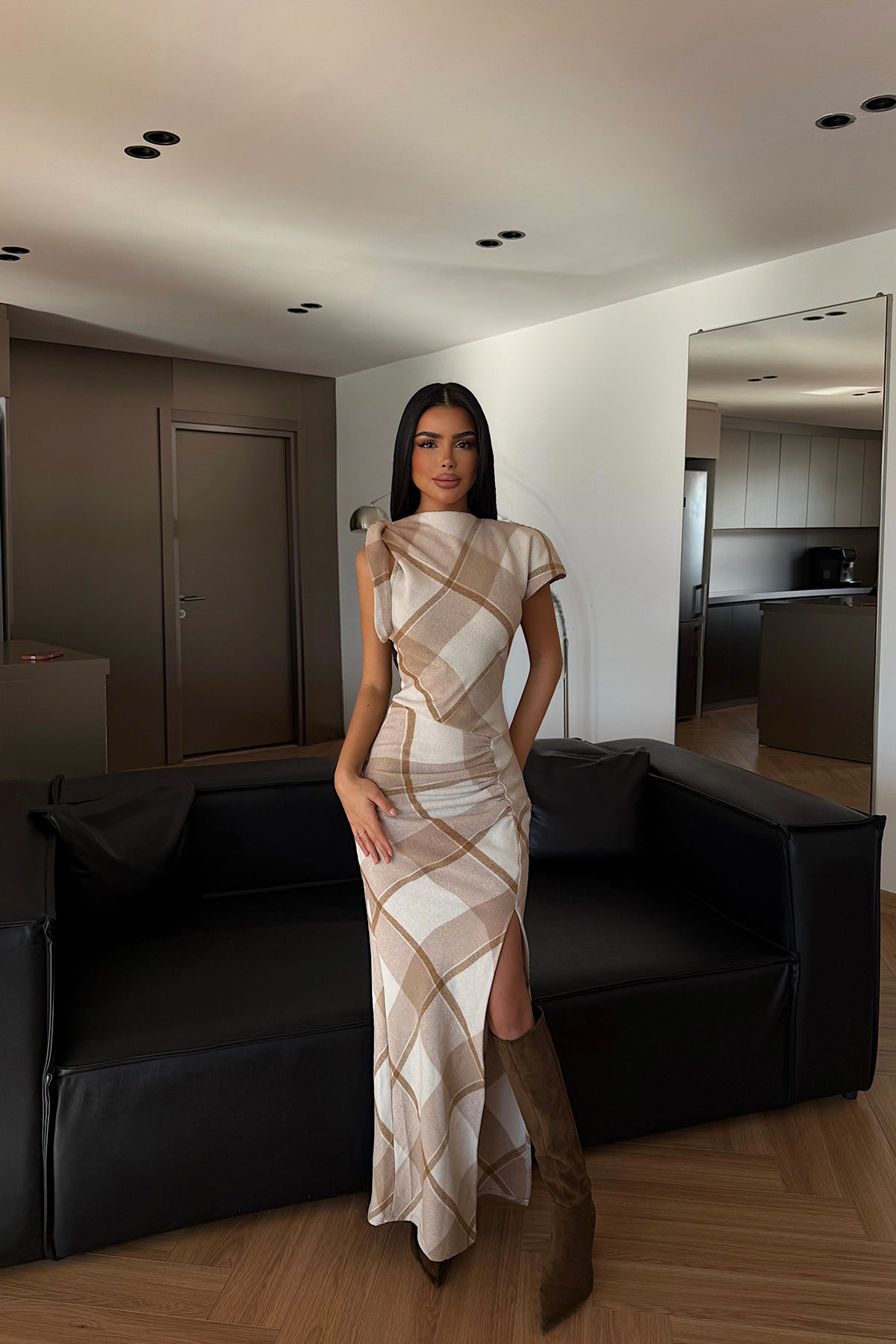 Beige Plaid Long Dress