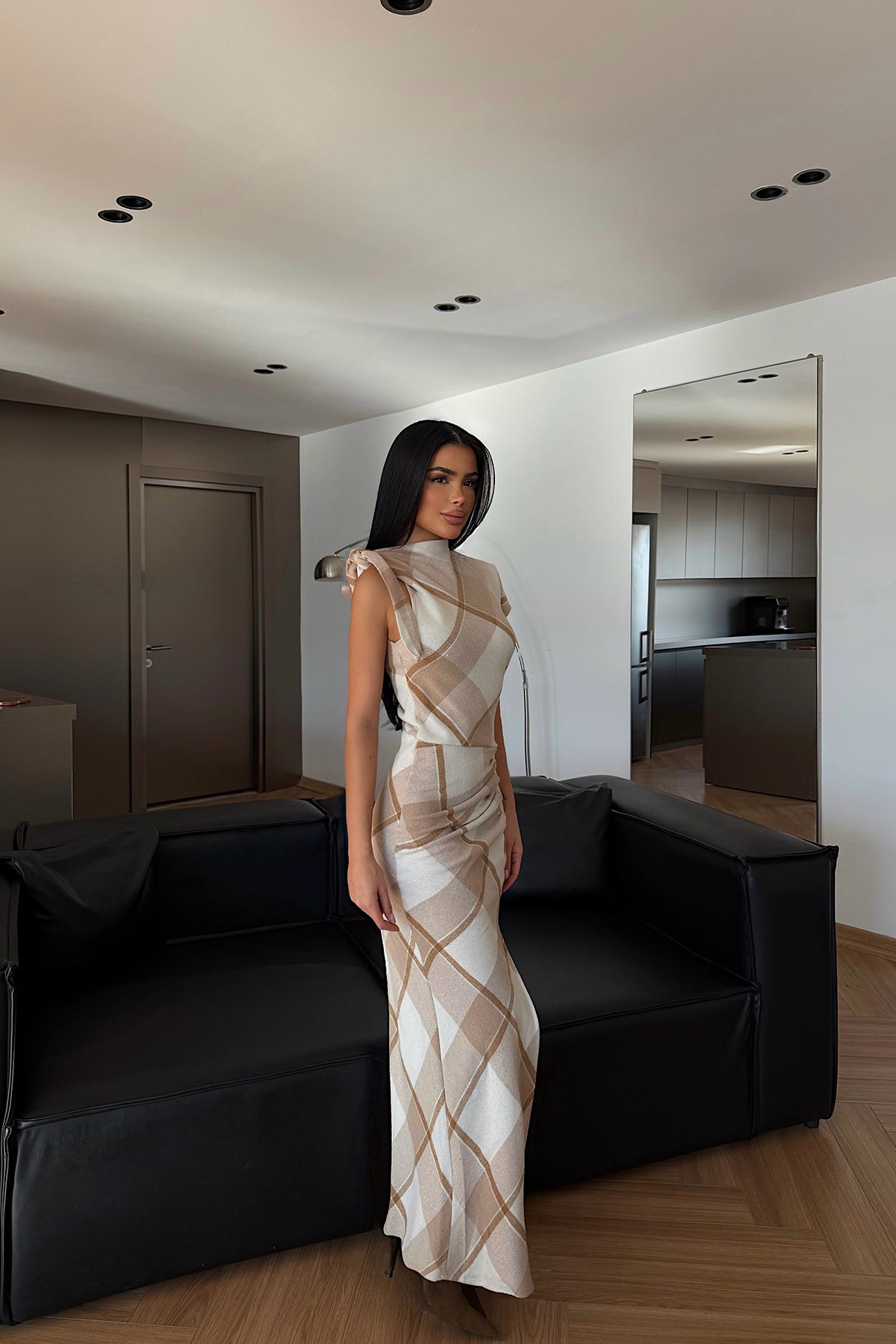 Beige Plaid Long Dress