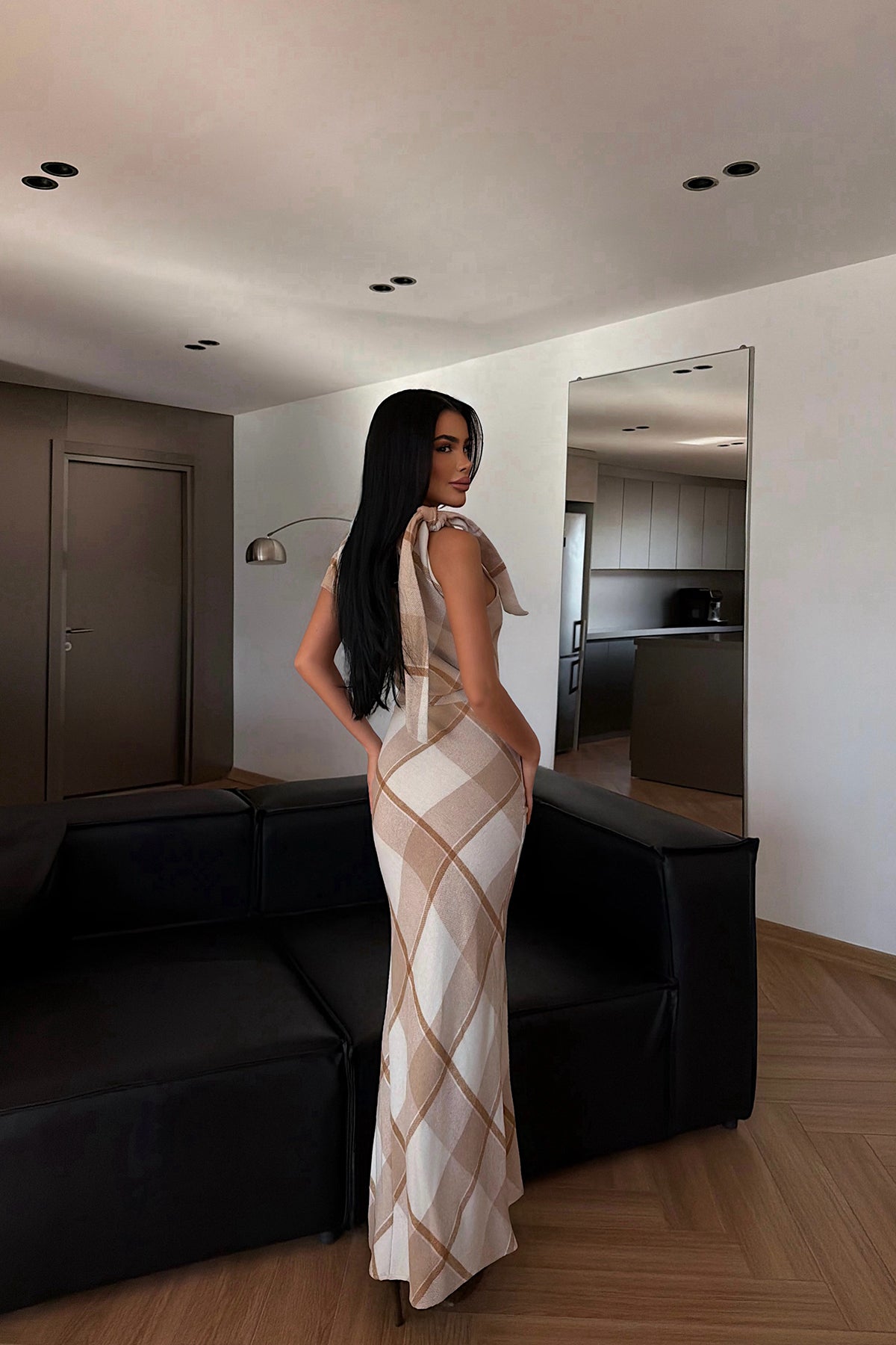Beige Plaid Long Dress