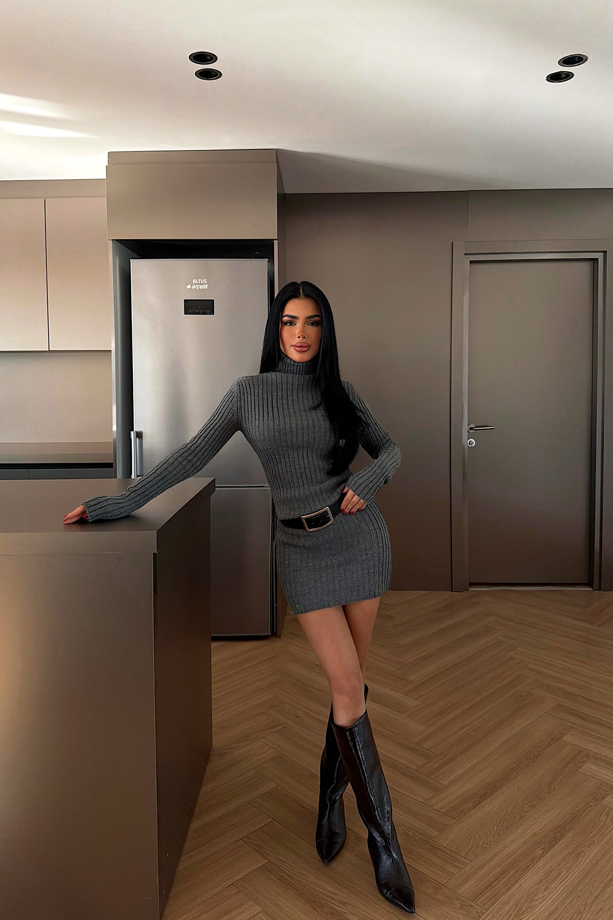 Grey Turtleneck Midi Dress