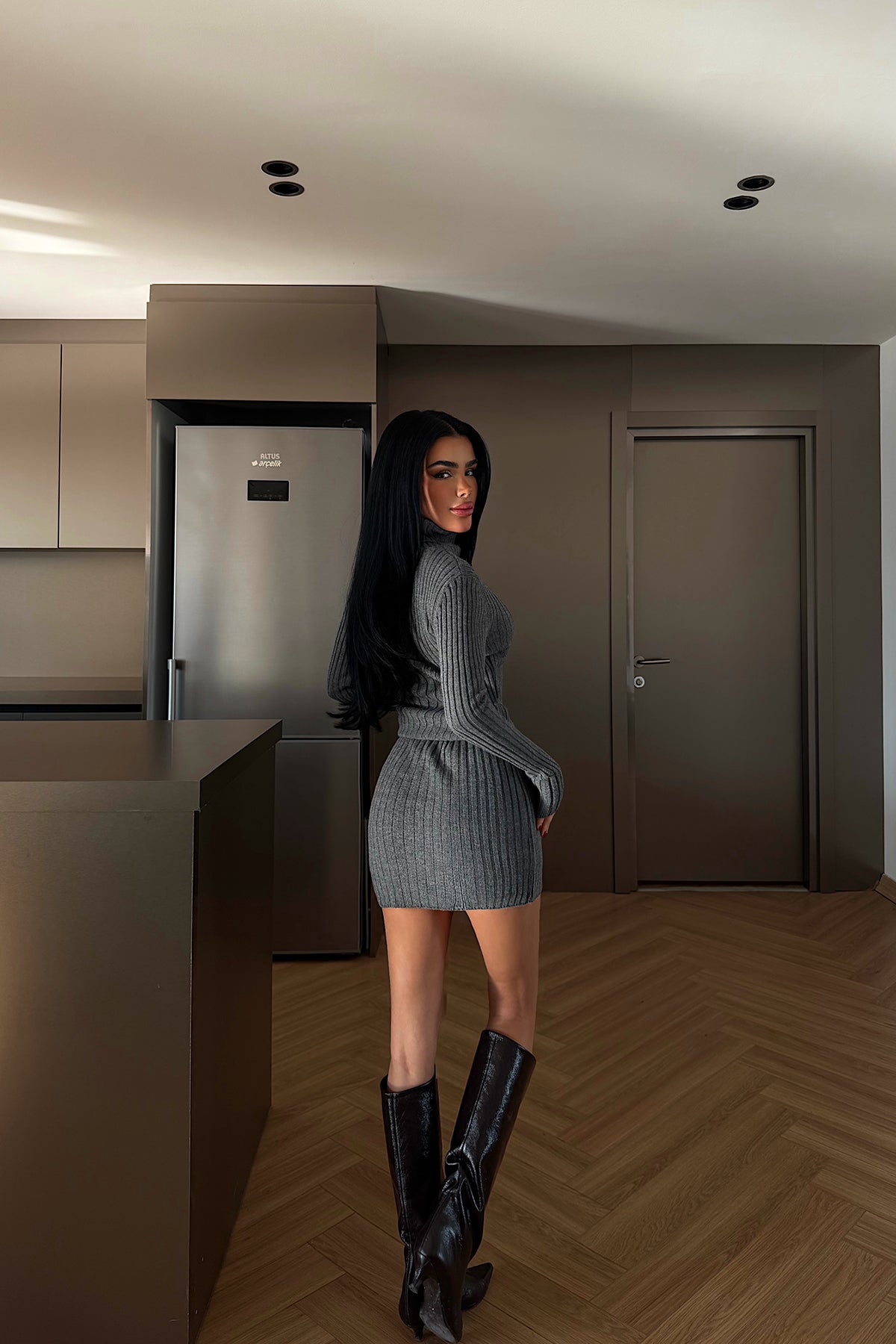 Grey Turtleneck Midi Dress