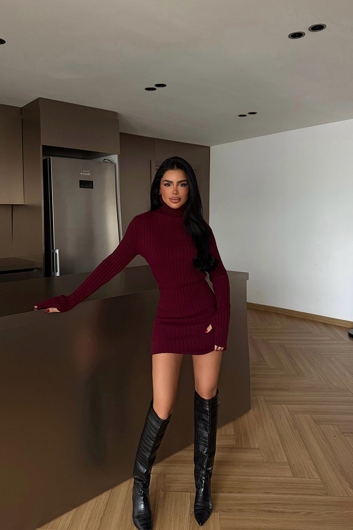 Burgundy Turtleneck Midi Dress