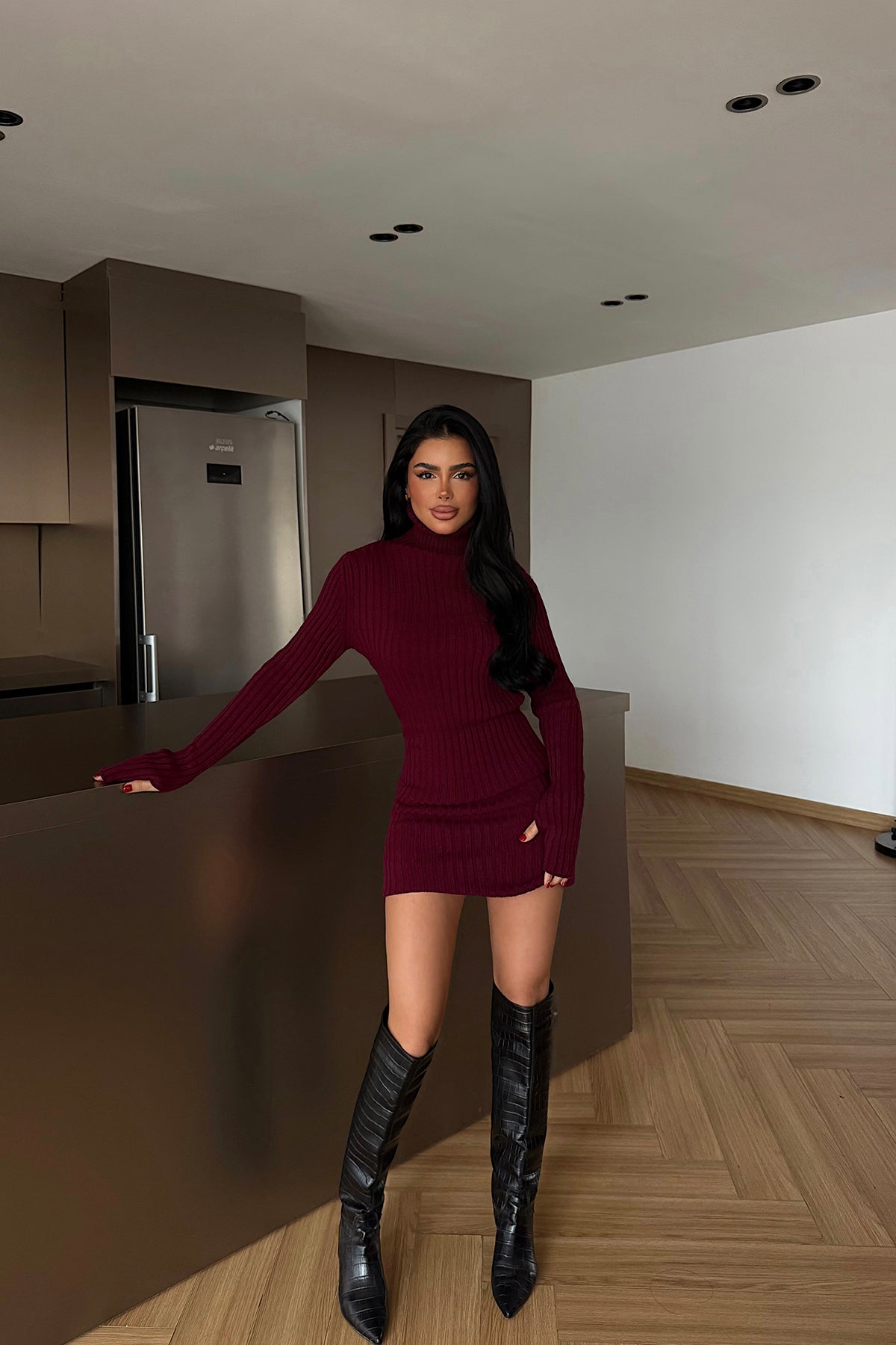 Burgundy Turtleneck Midi Dress