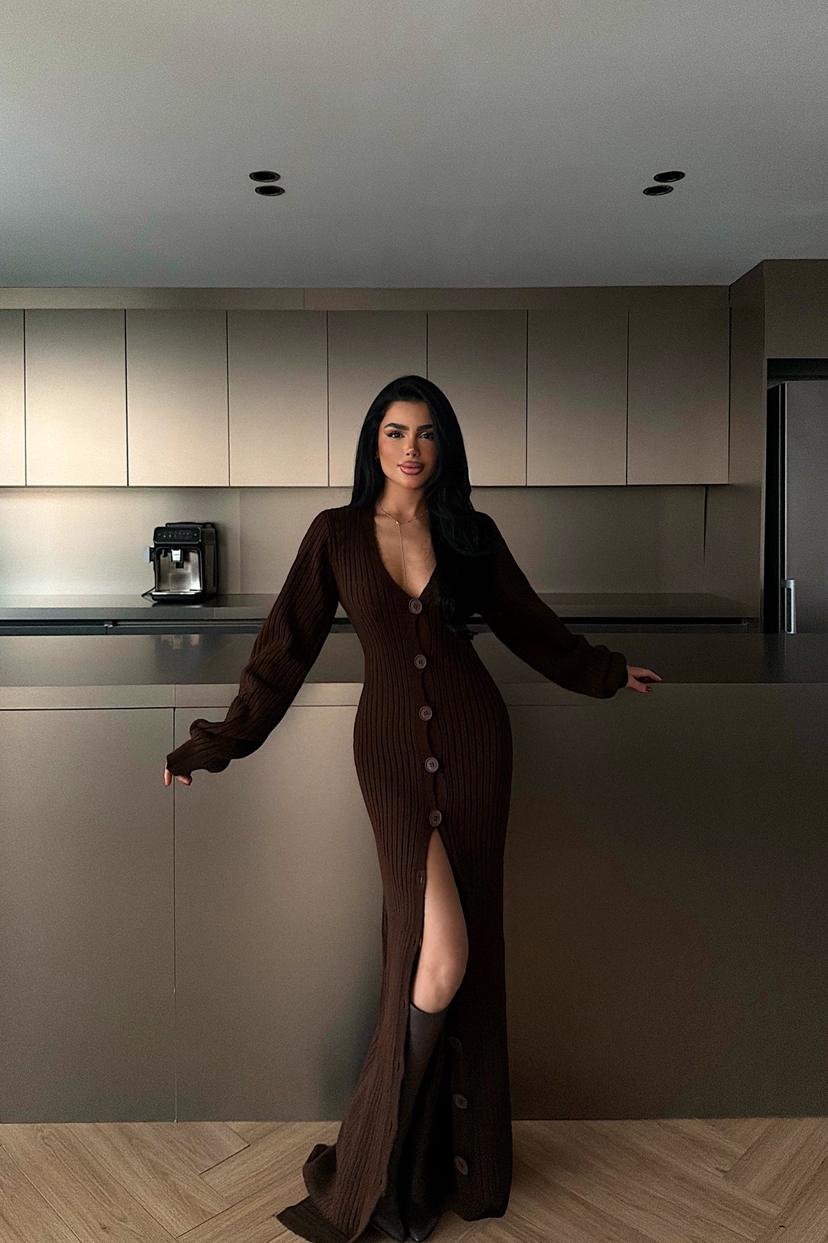 Dark Coffee Button Detail Dress