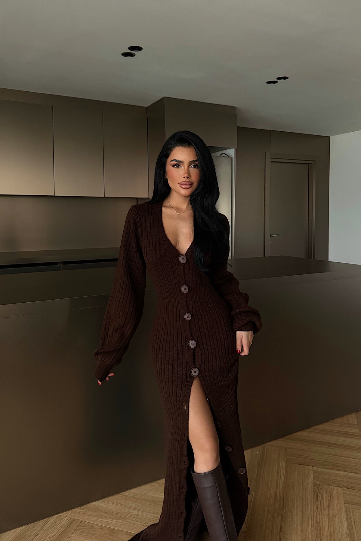 Dark Coffee Button Detail Dress