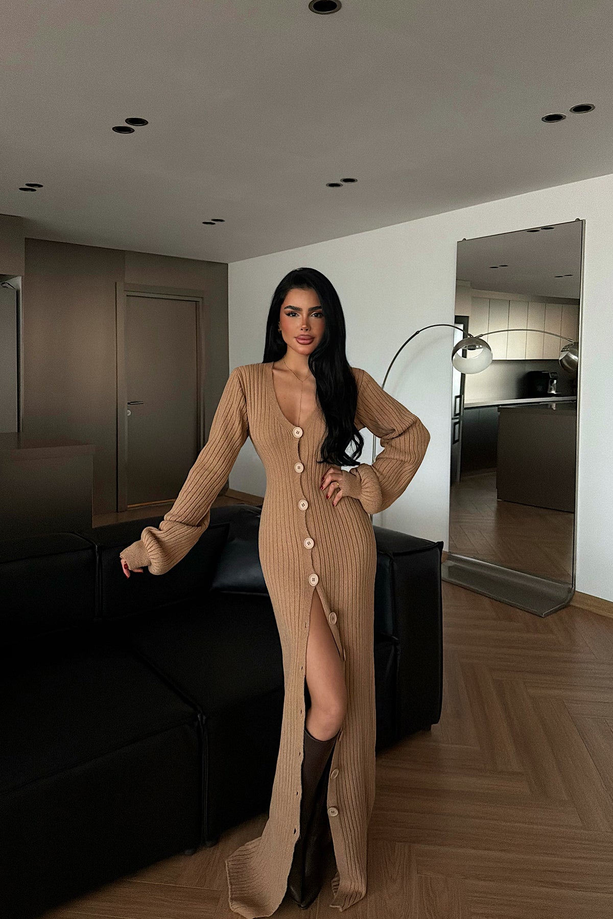 Tan Button Detail Dress