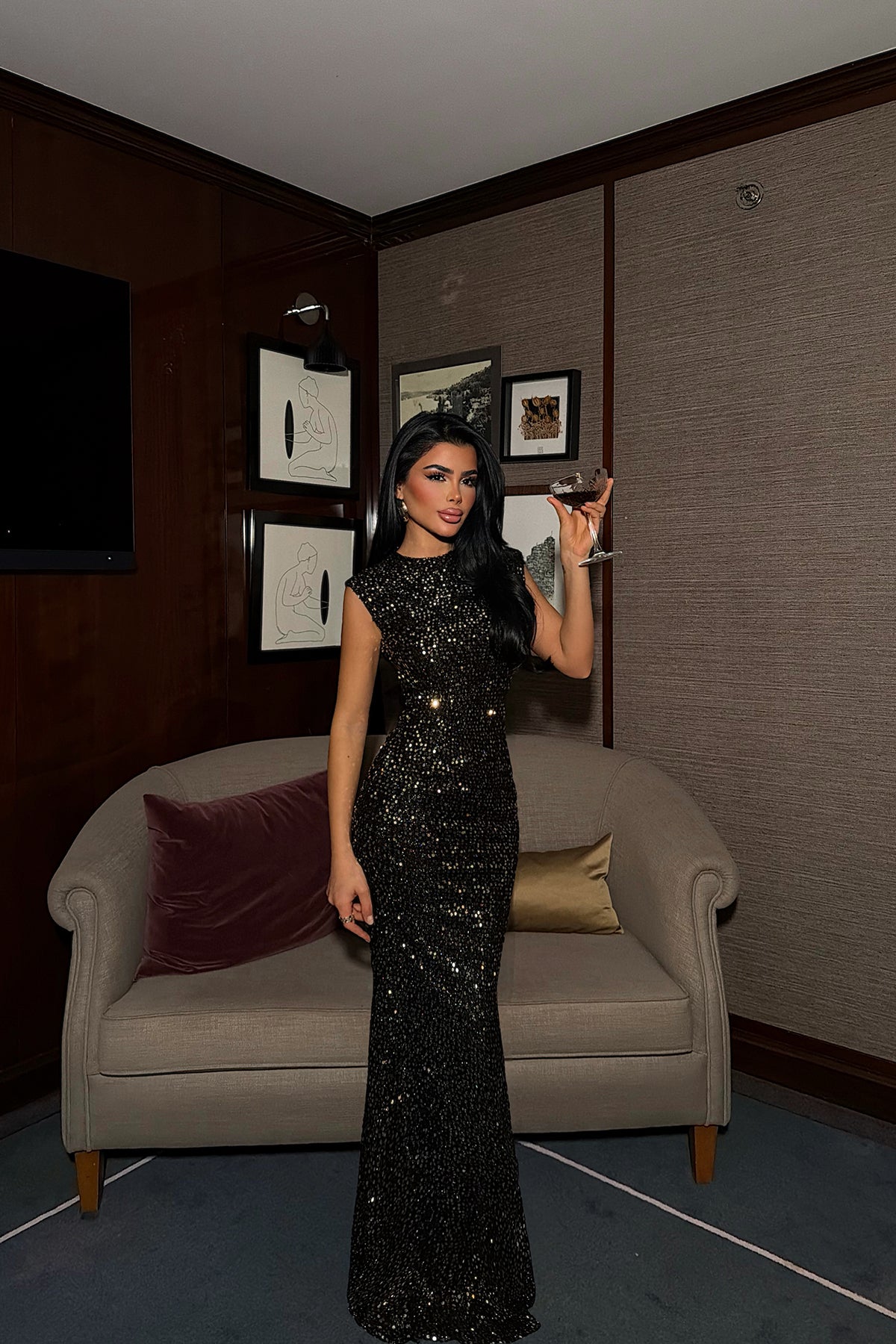 Gold Sequin Detail Long Dress