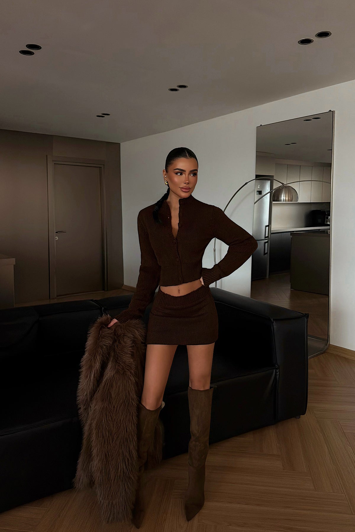 Brown Knitted Skirt Set