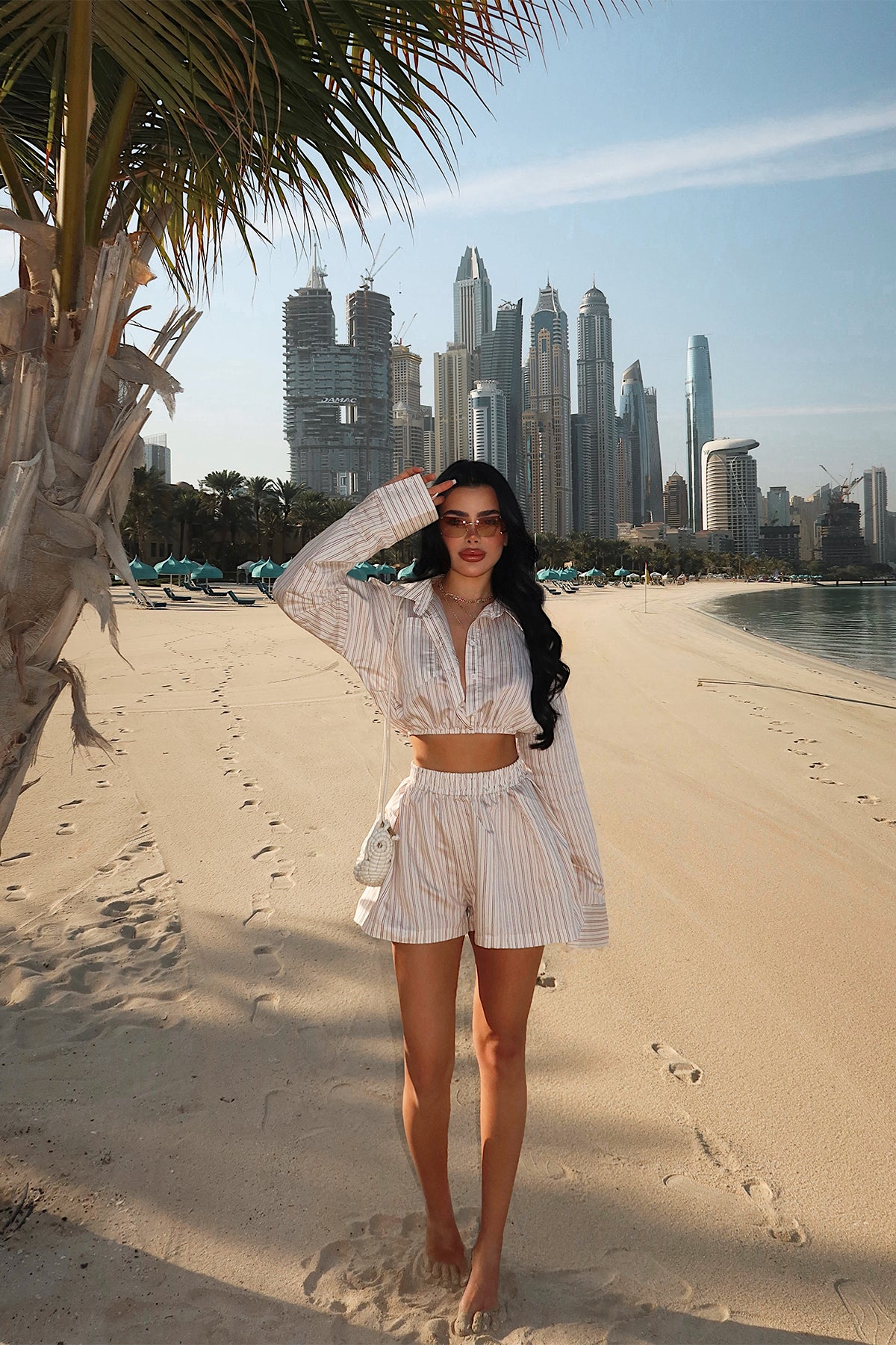Cream Striped Shorts Set