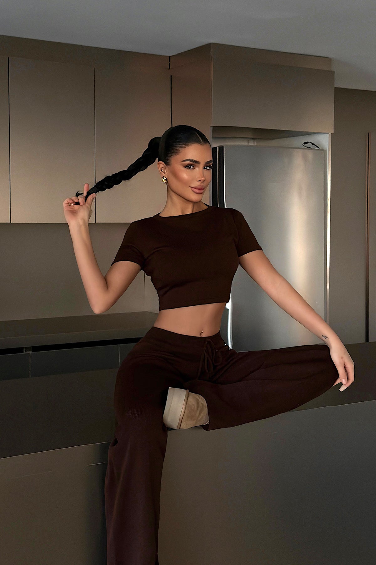 Dark Brown Crop Pants Set