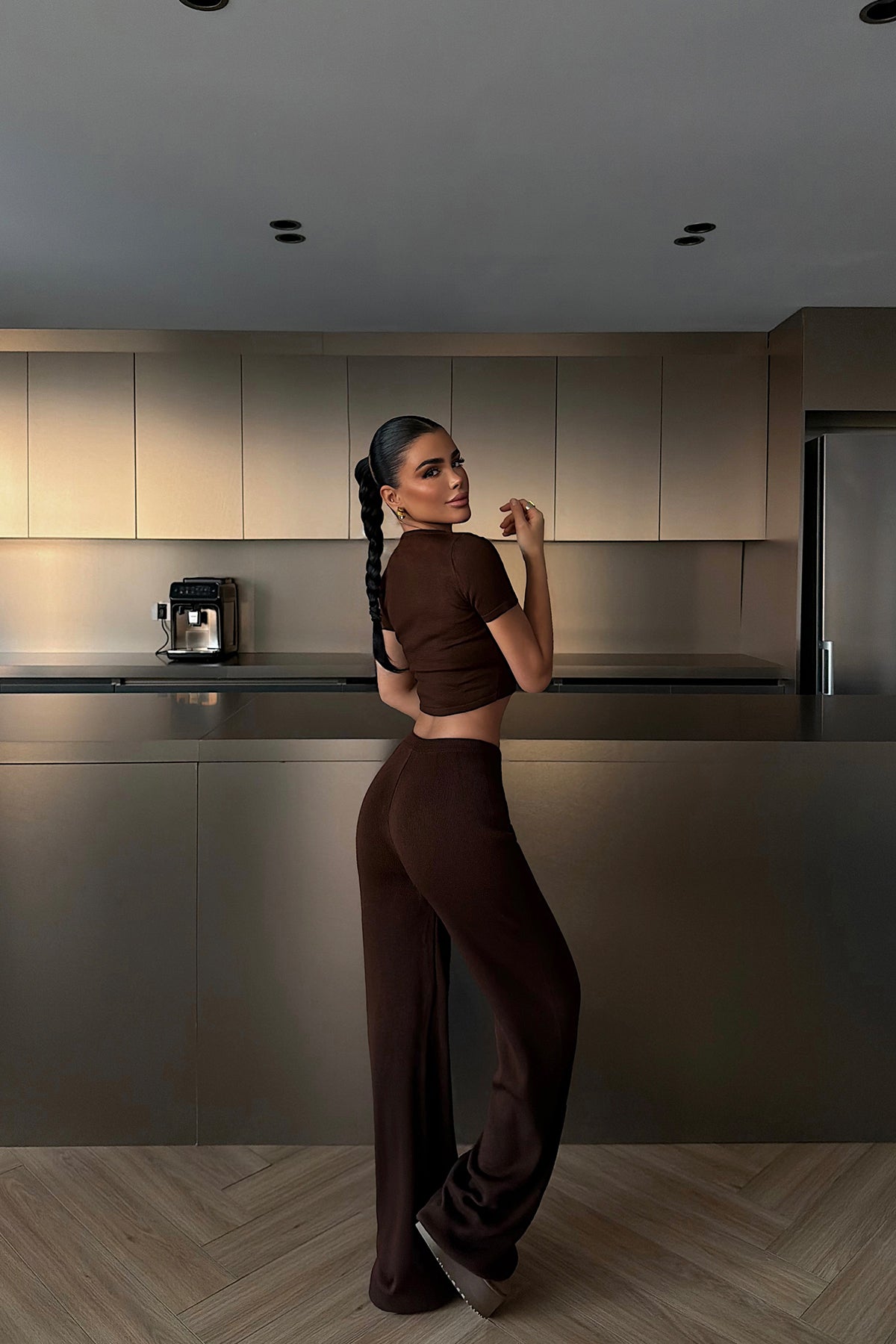 Dark Brown Crop Pants Set