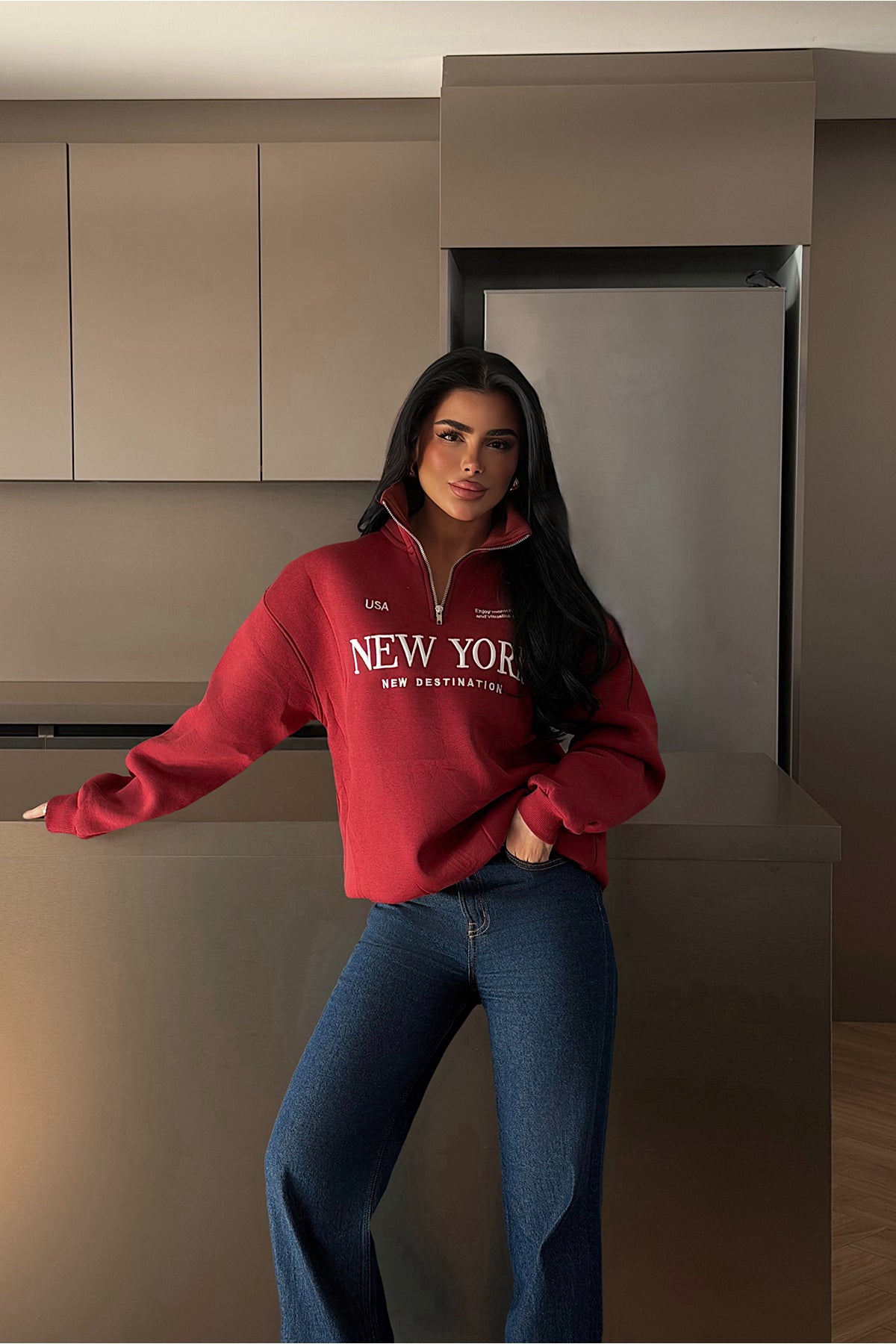 Burgundy New York Print Zipper Detail Sweatshirt