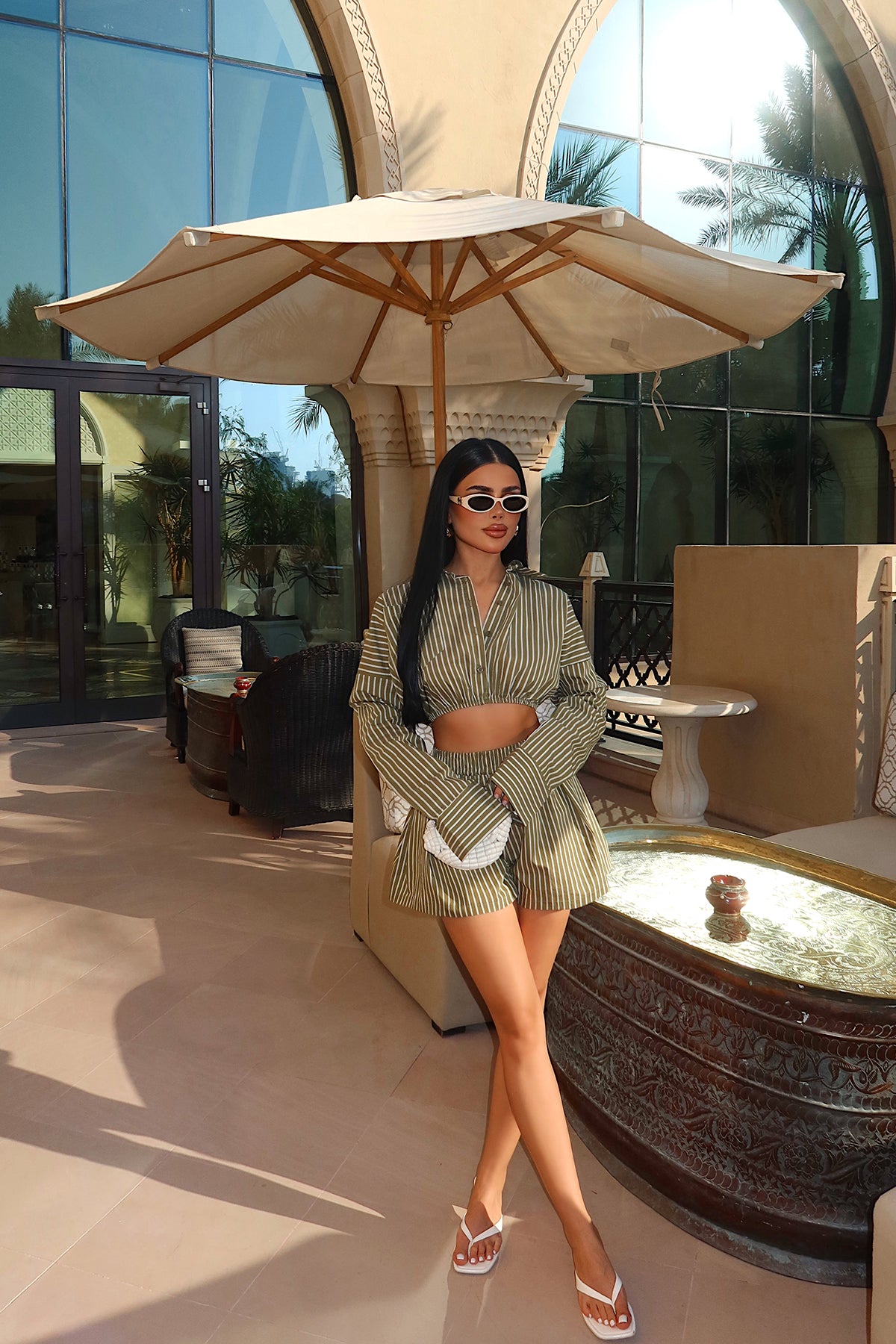 Khaki Striped Shorts Set