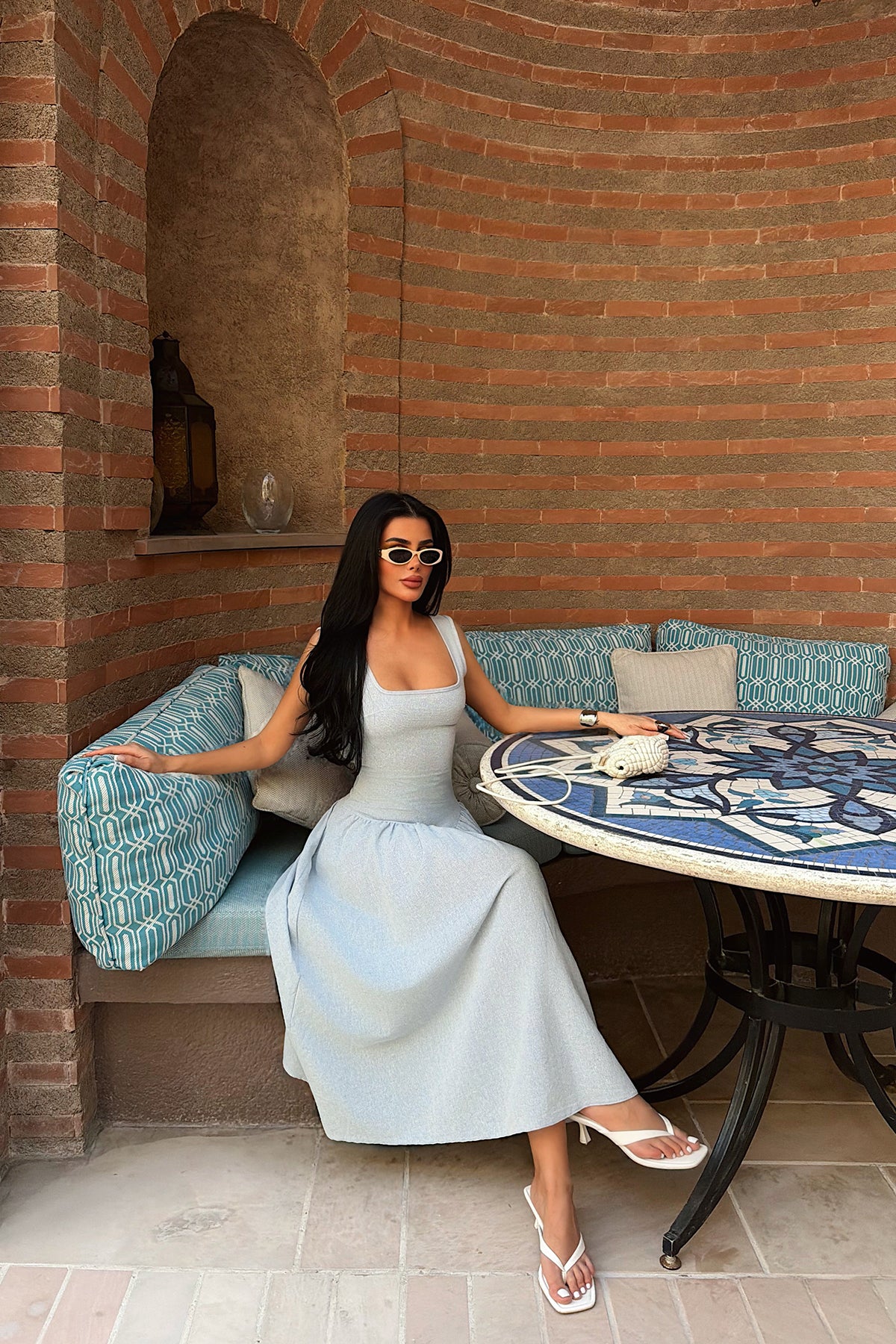 Baby Blue Square Neck Midi Dress