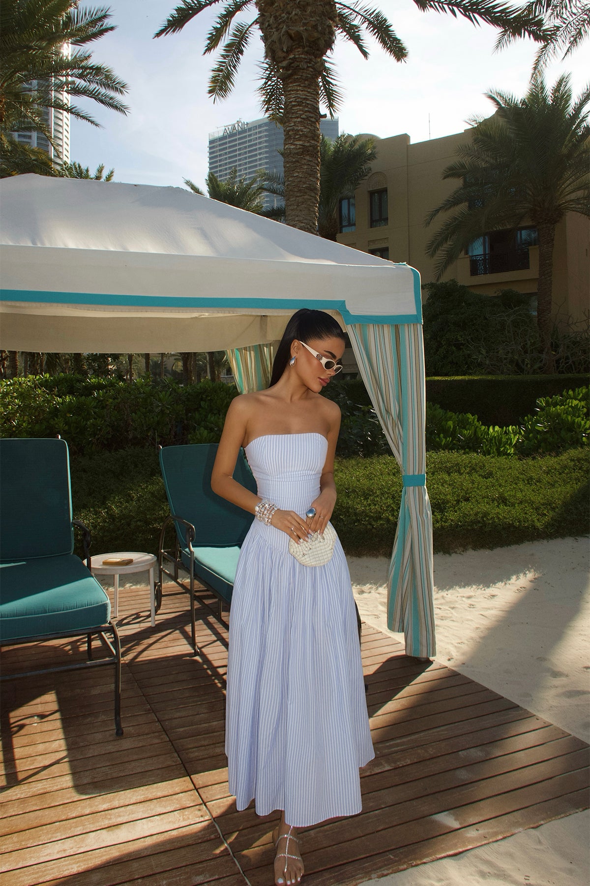 Blue Stripe Detail Strapless Dress