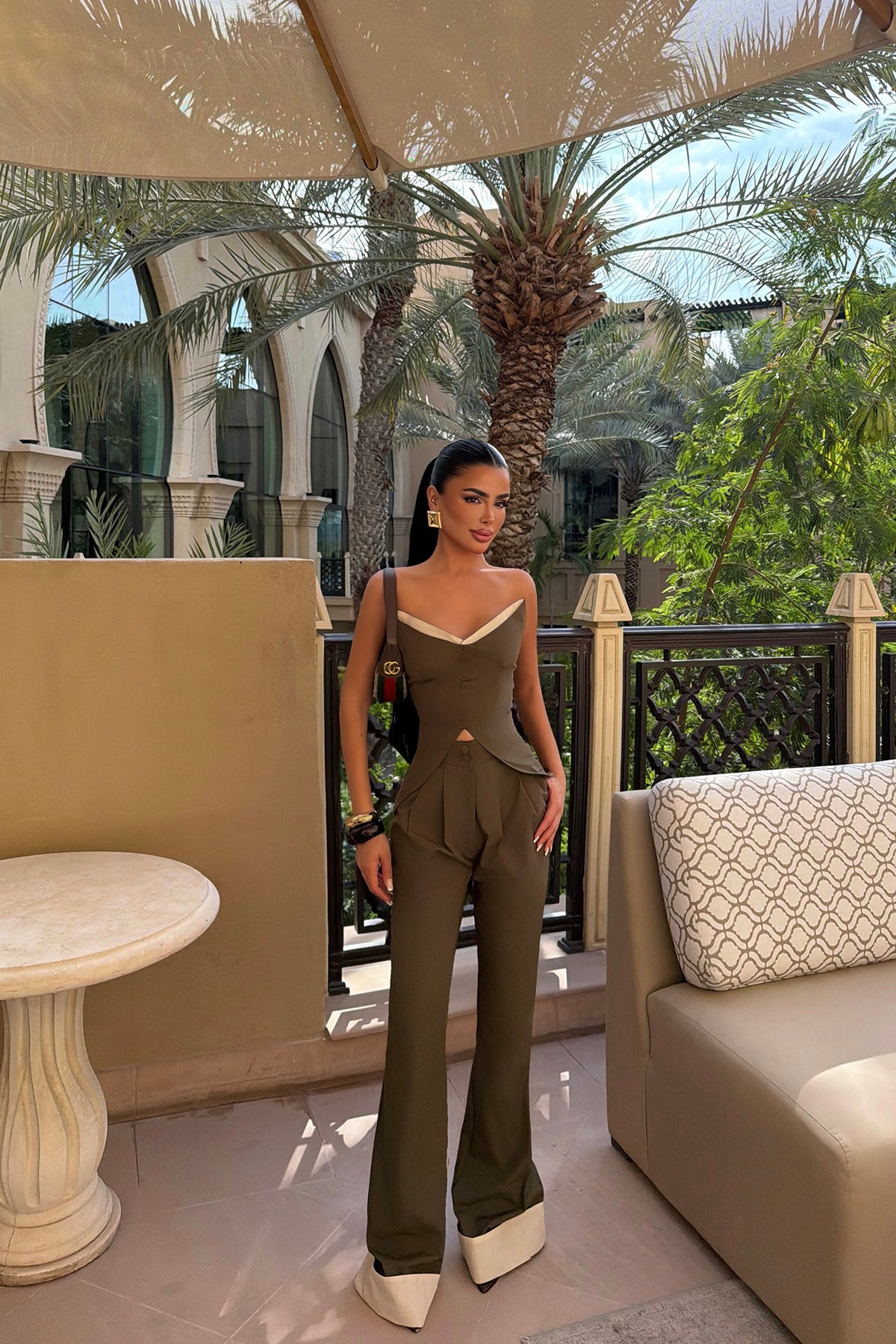 Khaki Crop Pants Suit