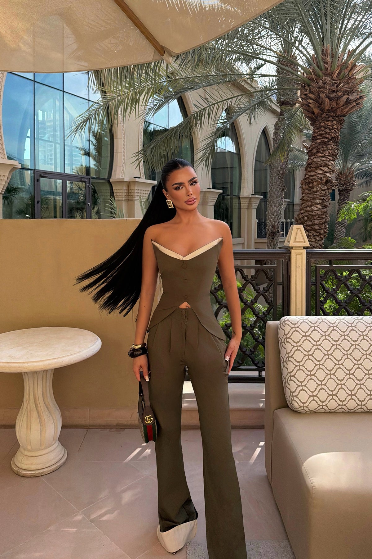 Khaki Crop Pants Suit