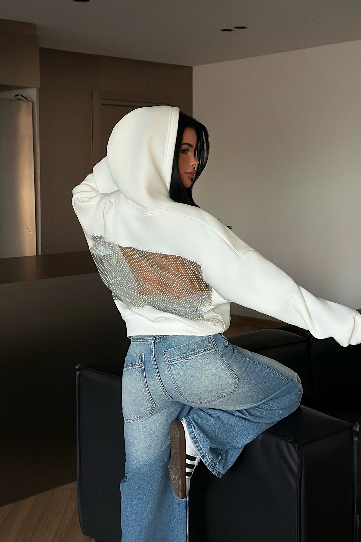 White Hooded Sweatshirt with Stone Detail on the Back