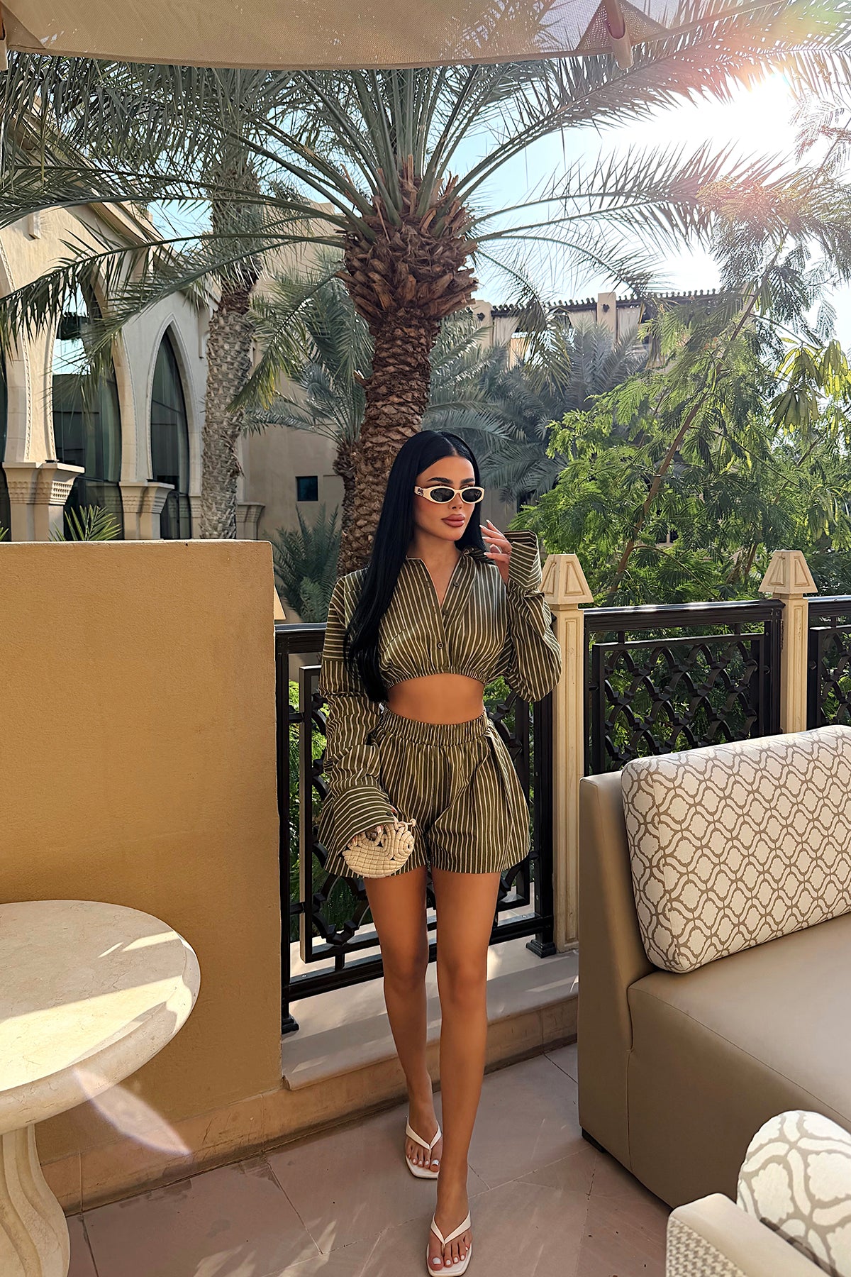 Khaki Striped Shorts Set