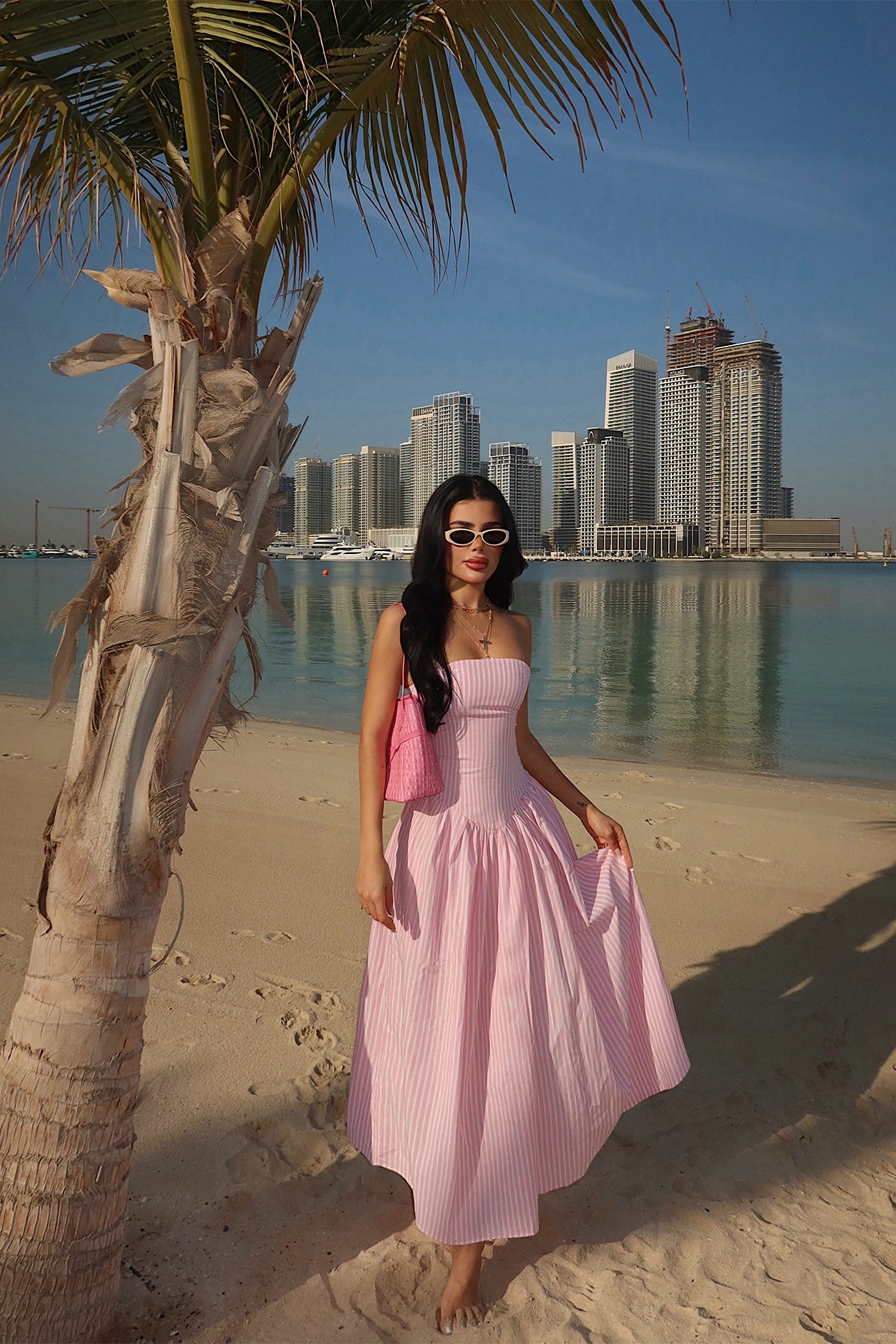 Pink Stripe Detail Strapless Dress