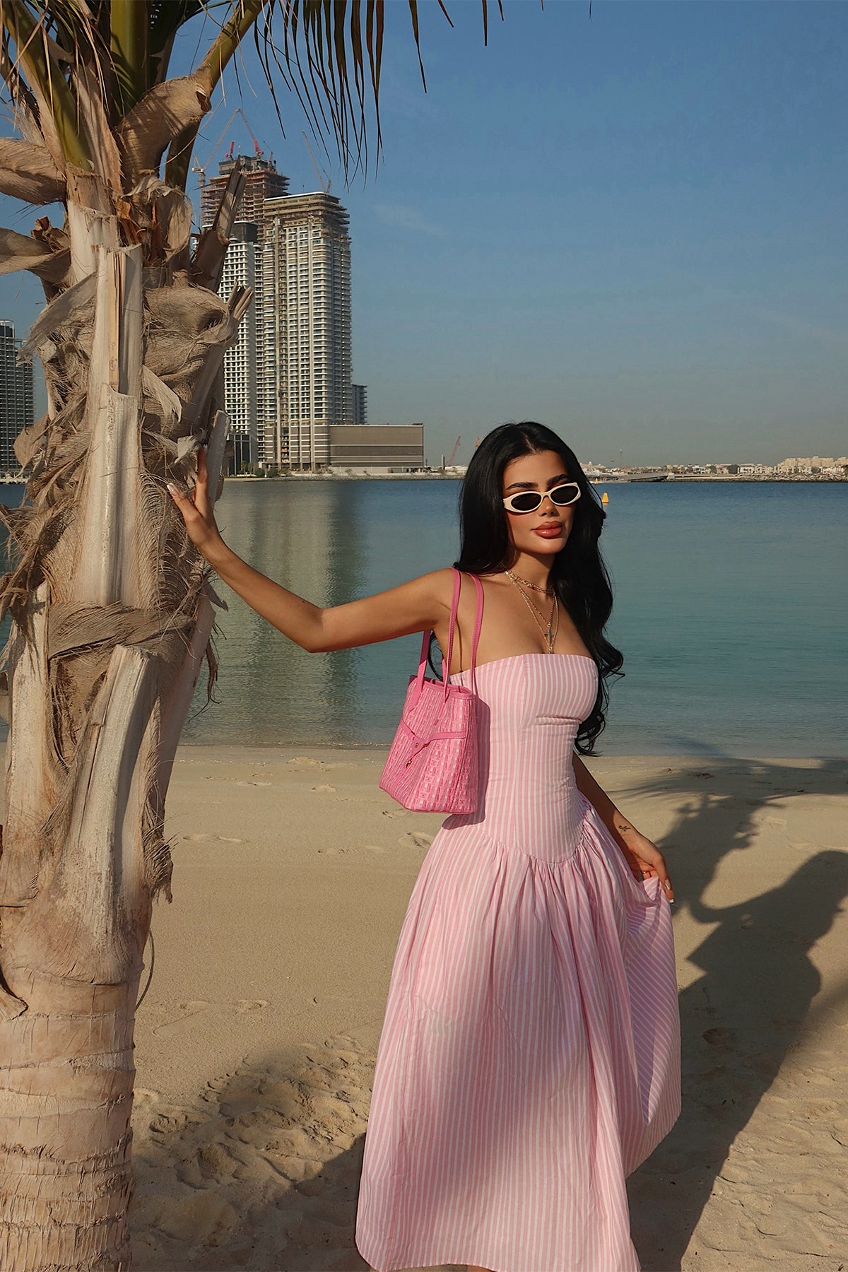 Pink Stripe Detail Strapless Dress